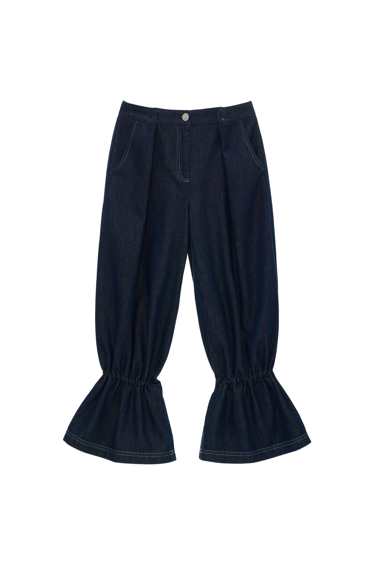 Jeans in denim a lanterna con orli a volant