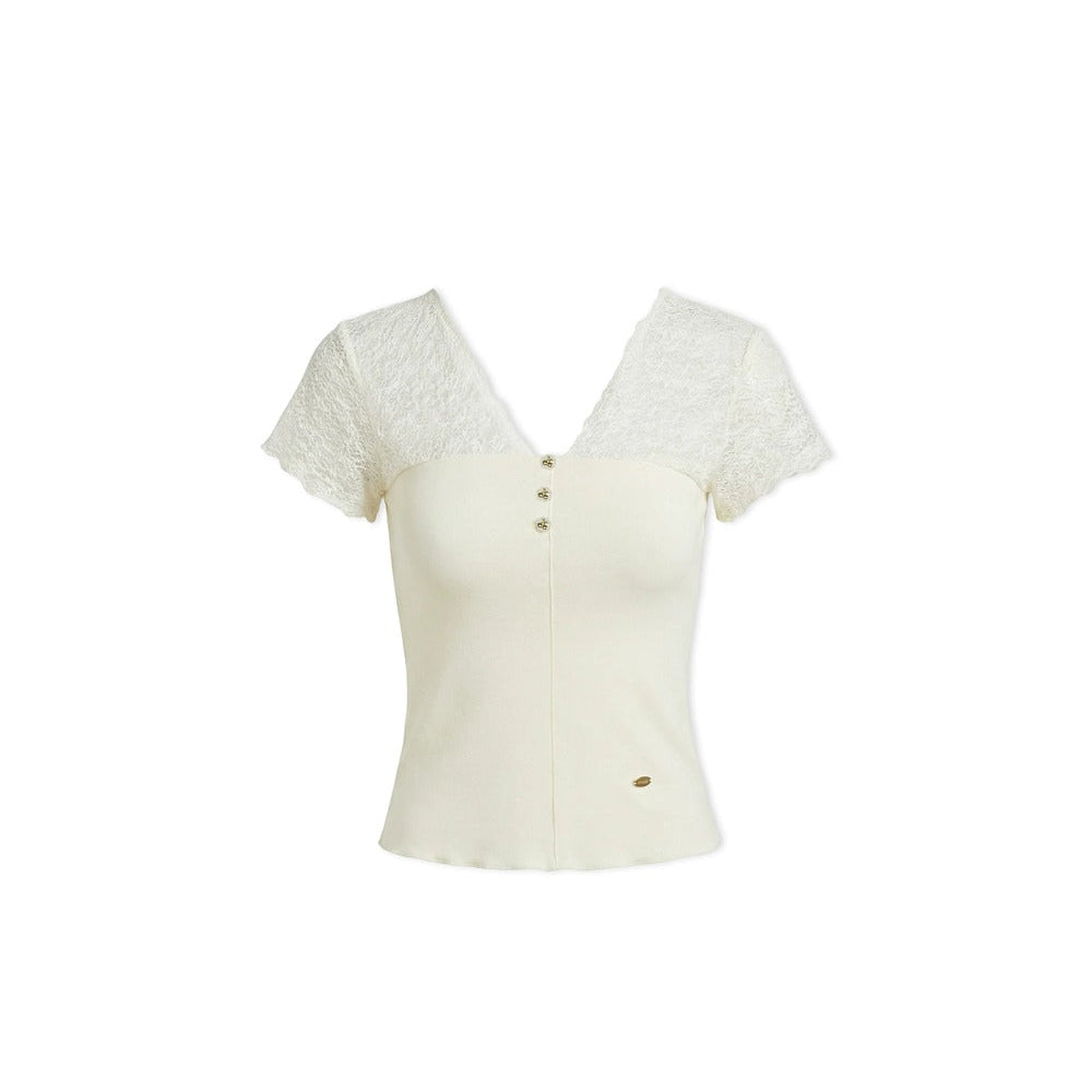 Lace-Panel V-Neck T-Shirt