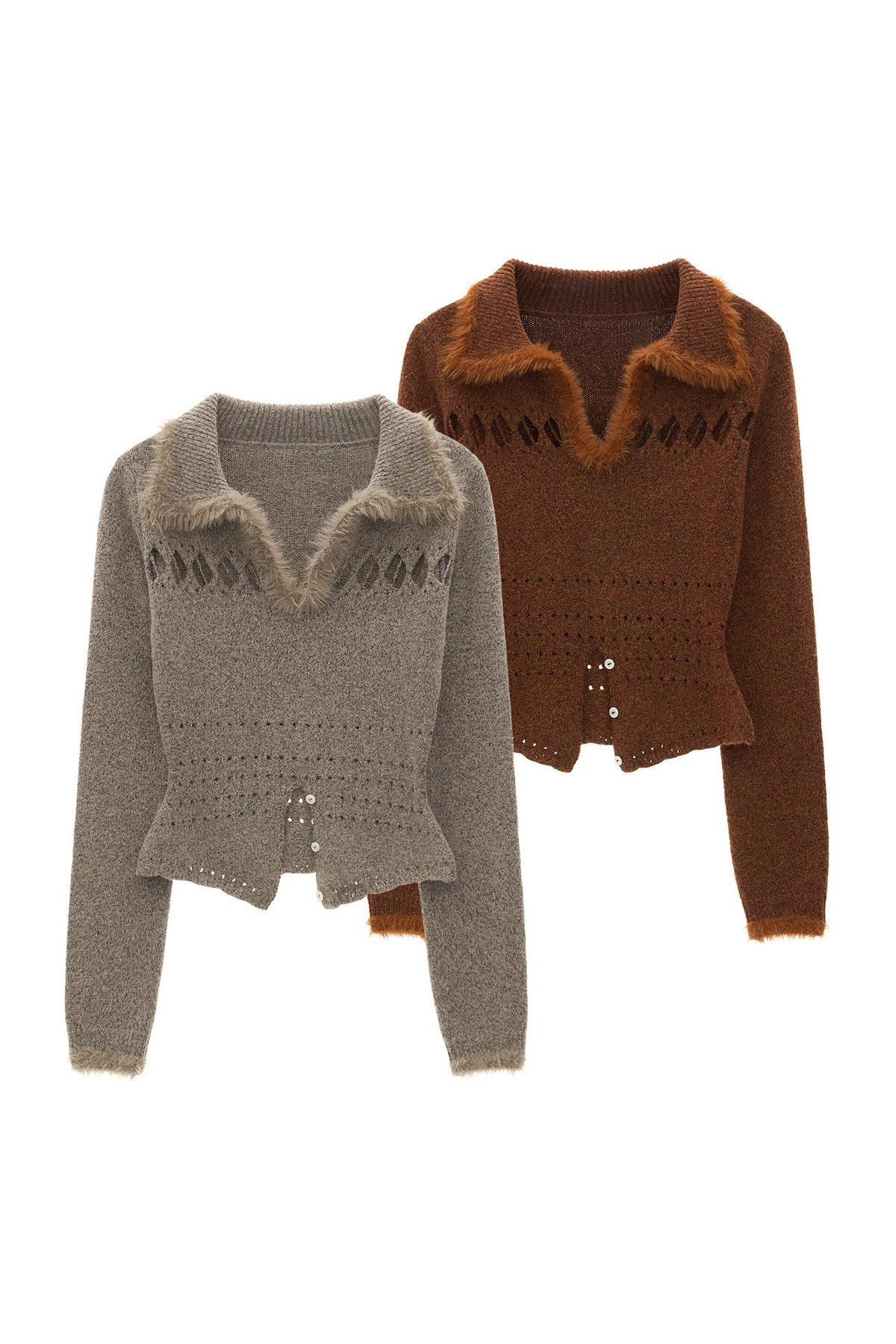 Long-Sleeve Patchwork Hollow-Out Lapel Sweater