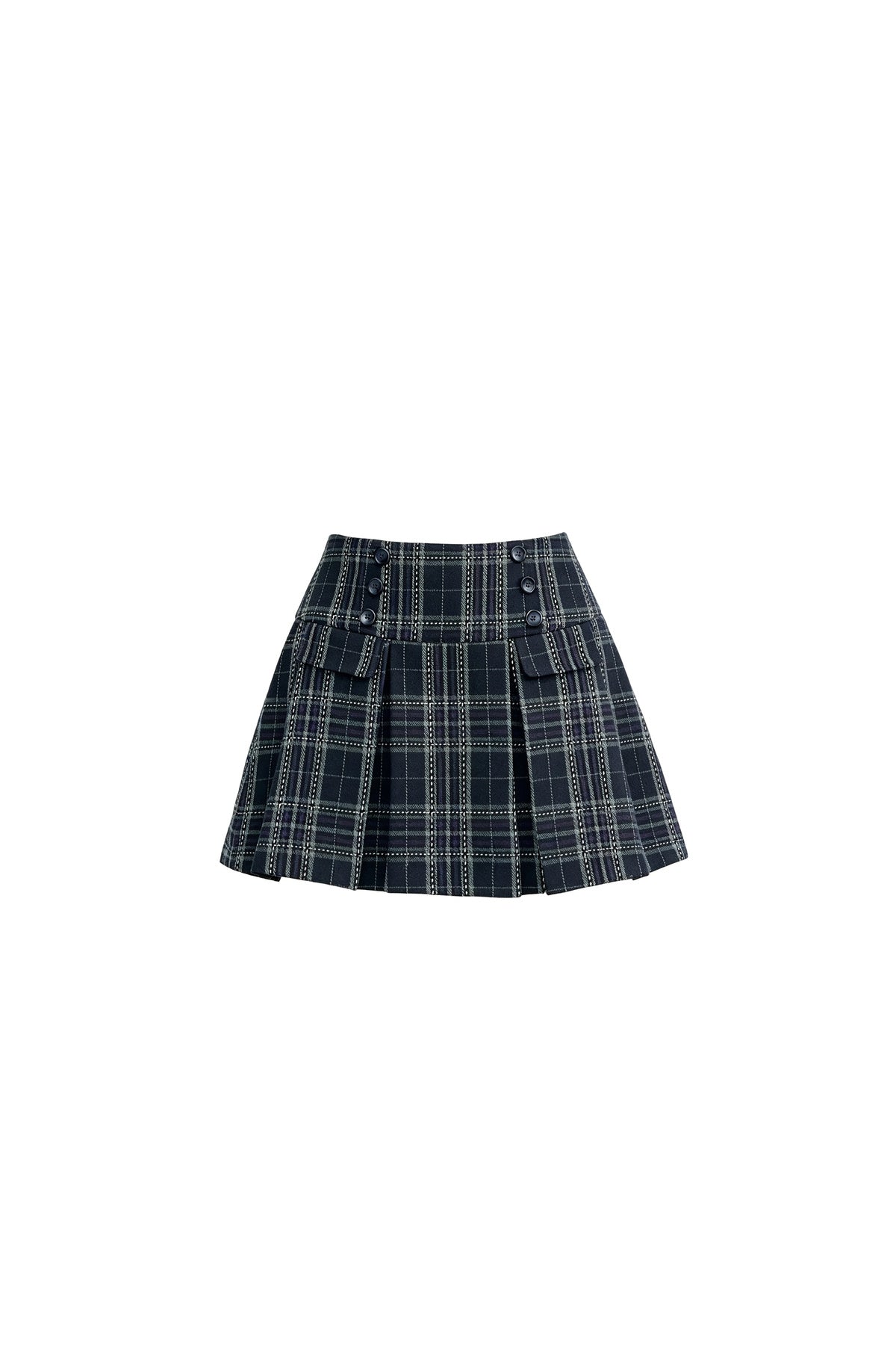 Double-Breasted Pleated Plaid A-Line Skirt