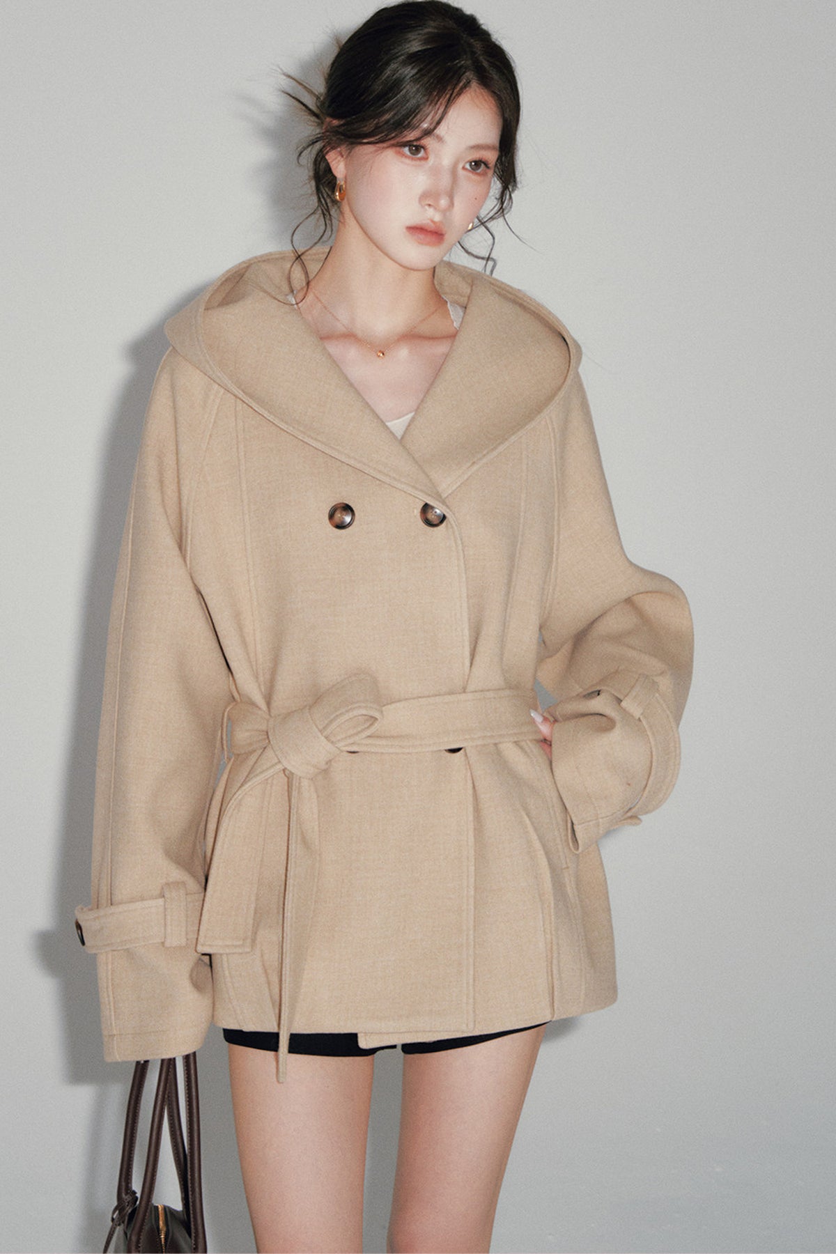 Hooded Double-Breasted Wool Blend Coat