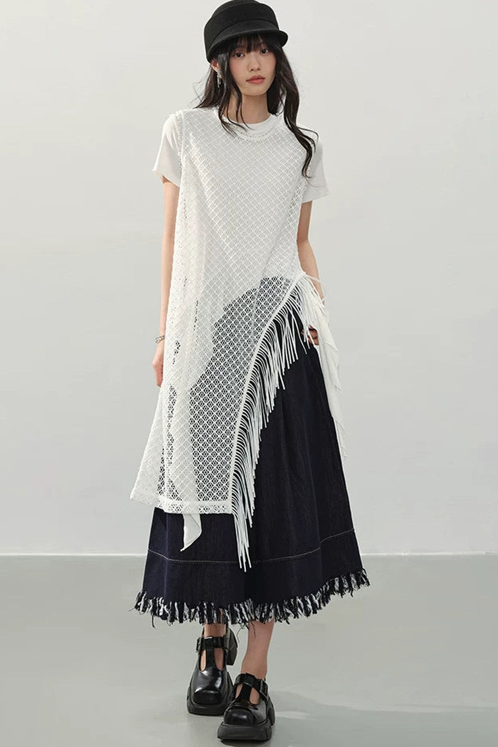 Black Fringe Wide-Leg Denim Culottes