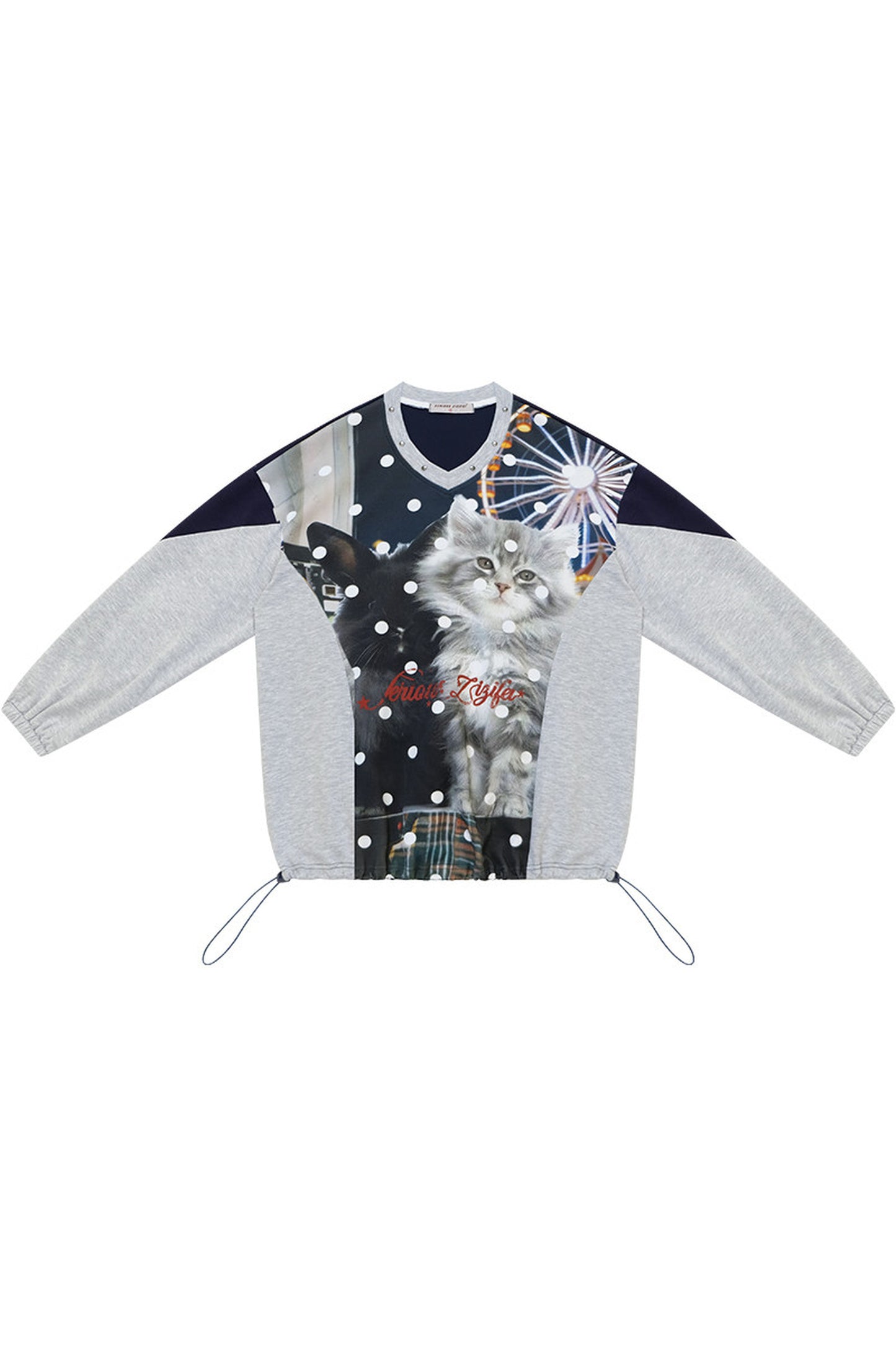 Sweatshirt à col V avec empiècements, imprimé chat et pois