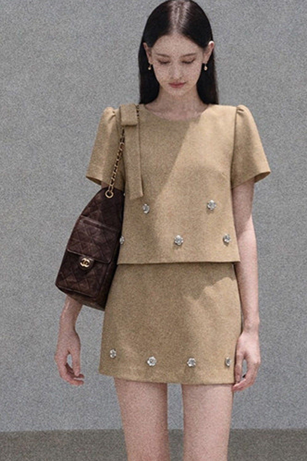 Short-Sleeved Ribbon Top and High-Waisted A-Line Skirt Set