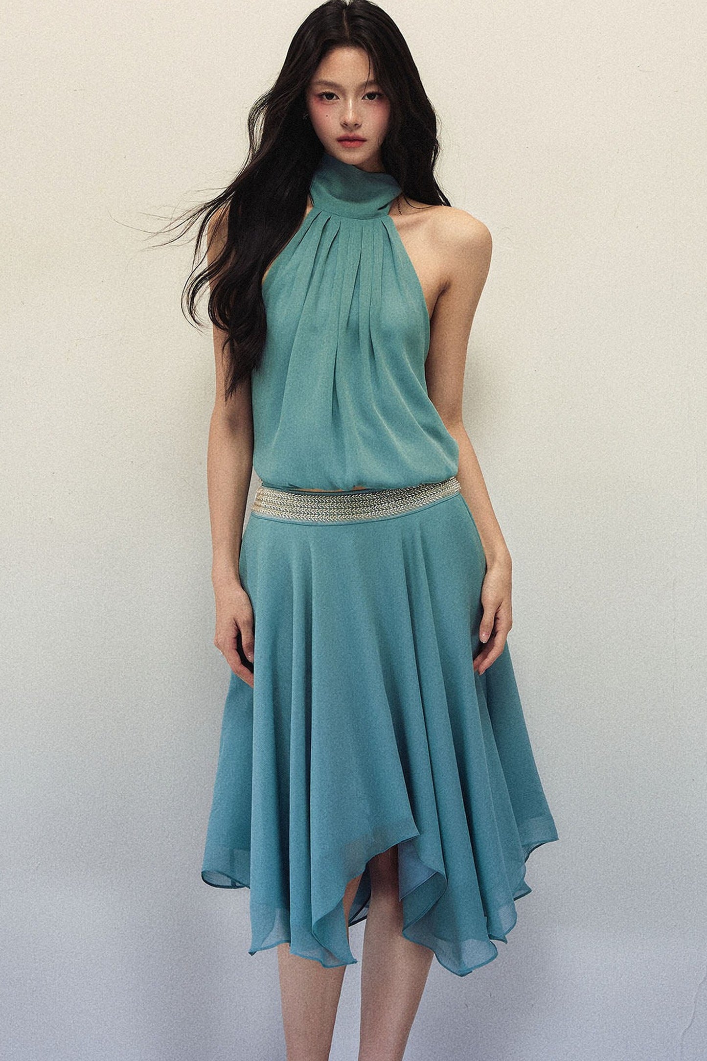 Lake Blue Chiffon Halter Top and Asymmetrical Skirt Set