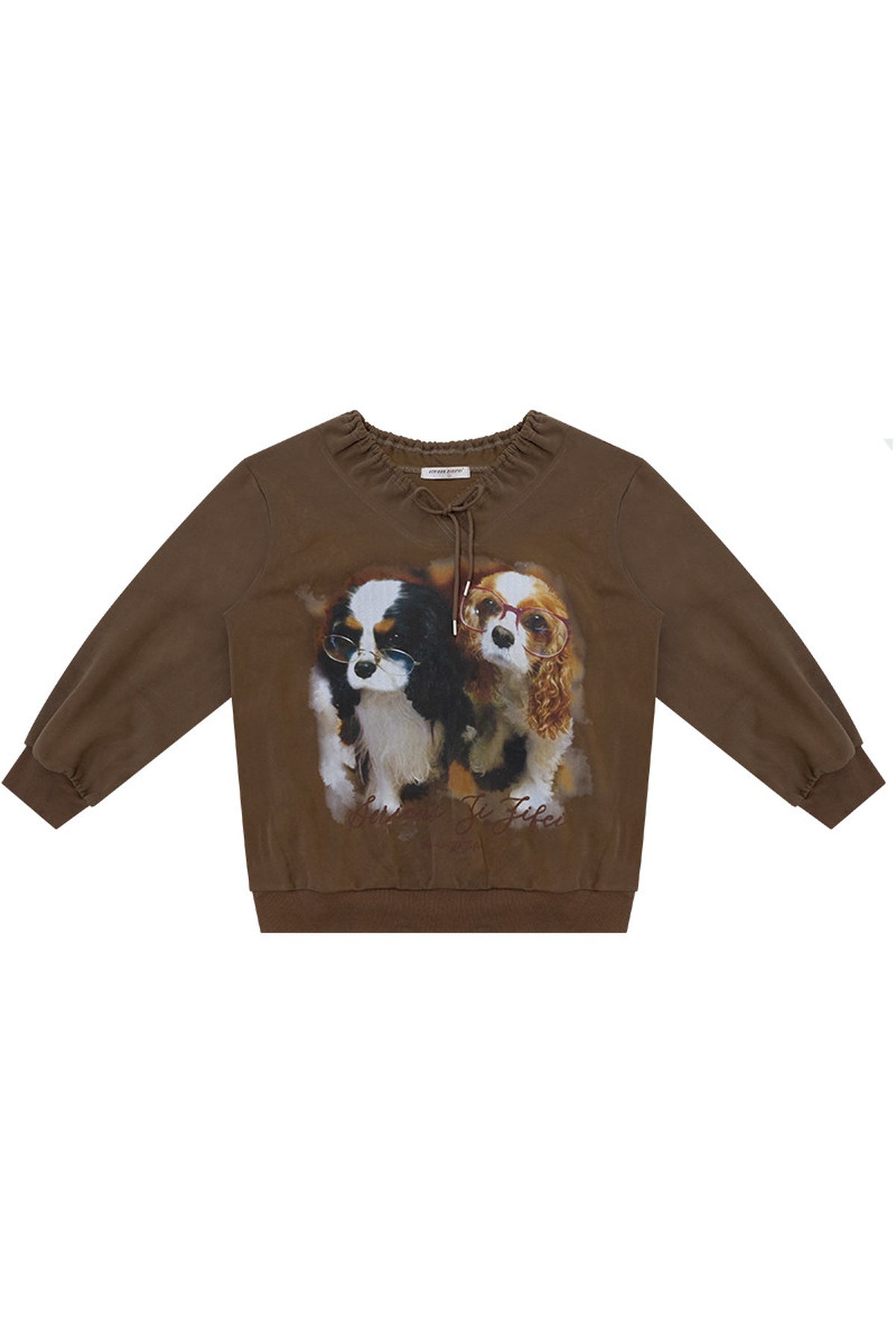 Brown Dog Print Lace V-Neck Sweatshirt