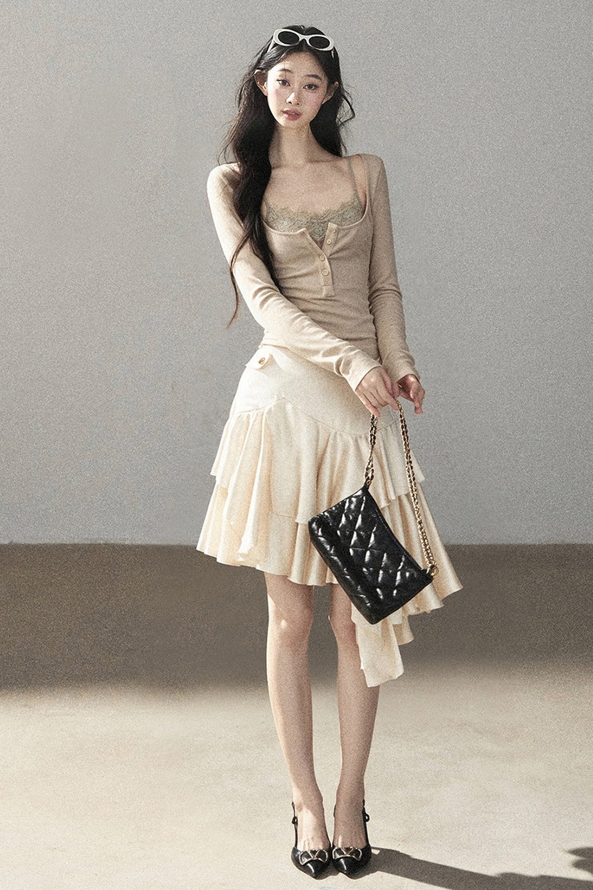 Lace Spaghetti Strap Camisole And Long Sleeve Top Set