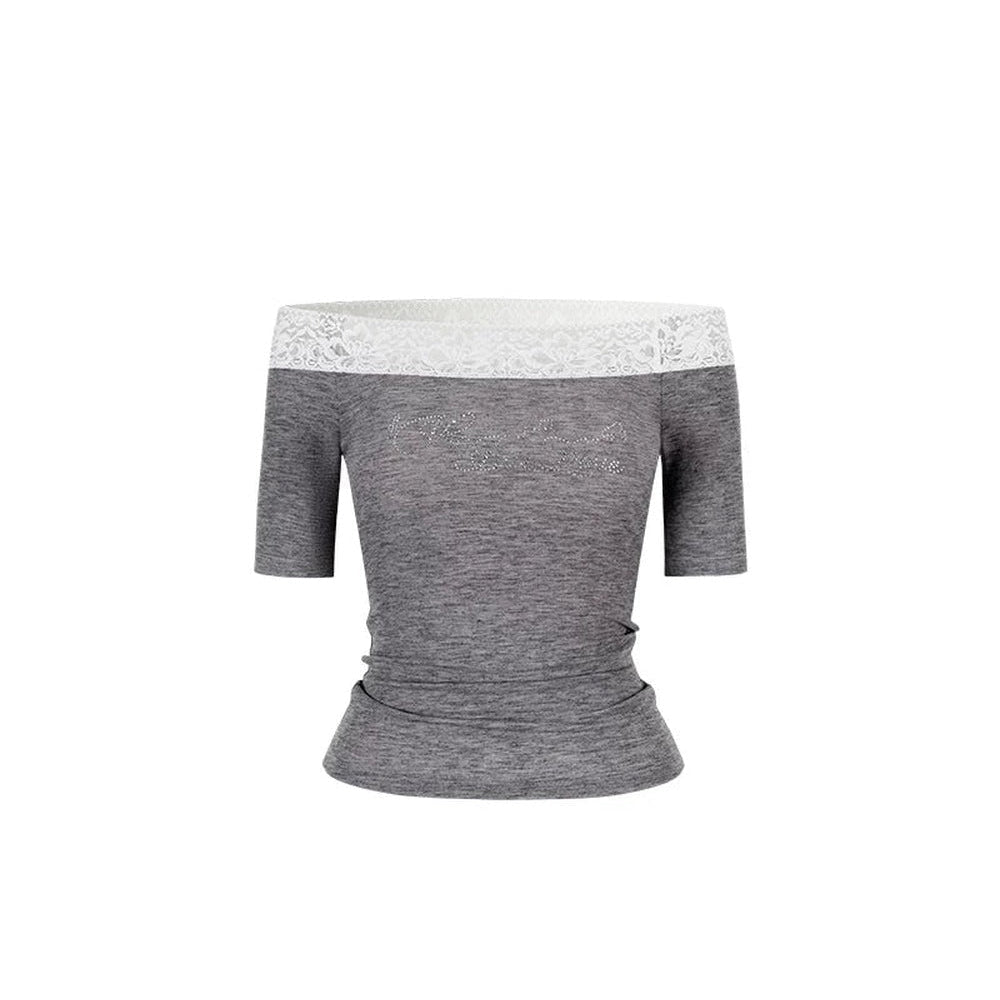 One-Shoulder Lace Rhinestone Short-Sleeve T-Shirt