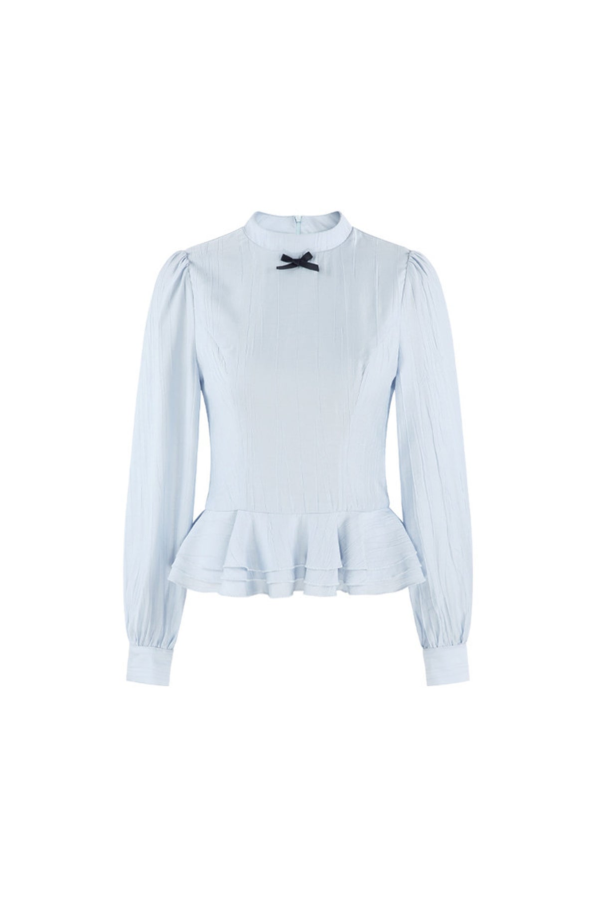 Blue Long-Sleeve Ruffle Collar Blouse And Skirt Set-Up