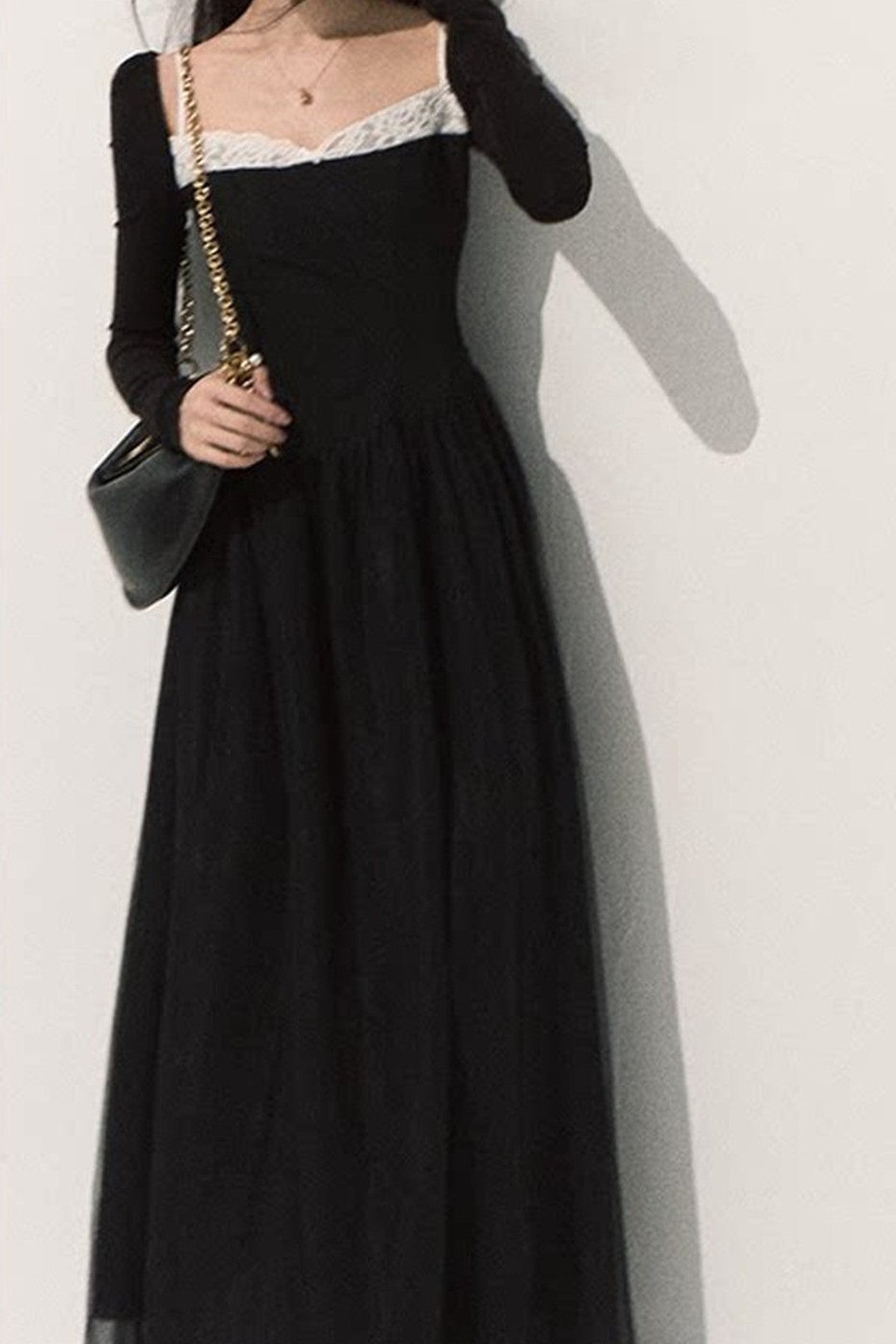 Lace-Trimmed Black Knit Dress