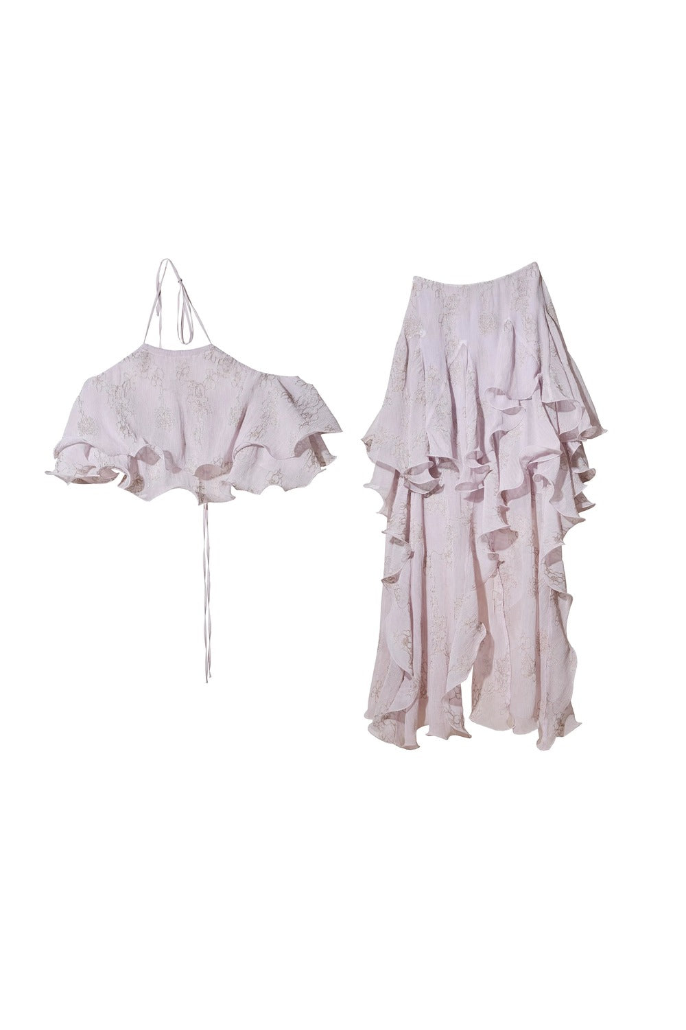Conjunto retro de top halter con volantes en rosa melocotón