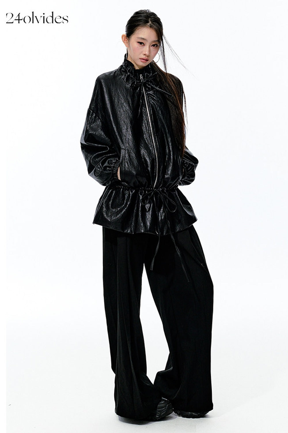 Textured Silhouette Drawstring Tie Waist Jacket
