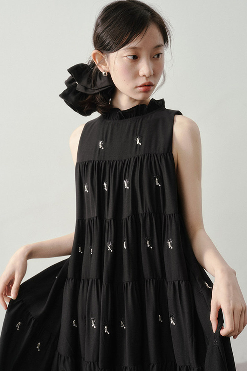 Embroidered Sleeveless Ruffle Stand Collar Dress