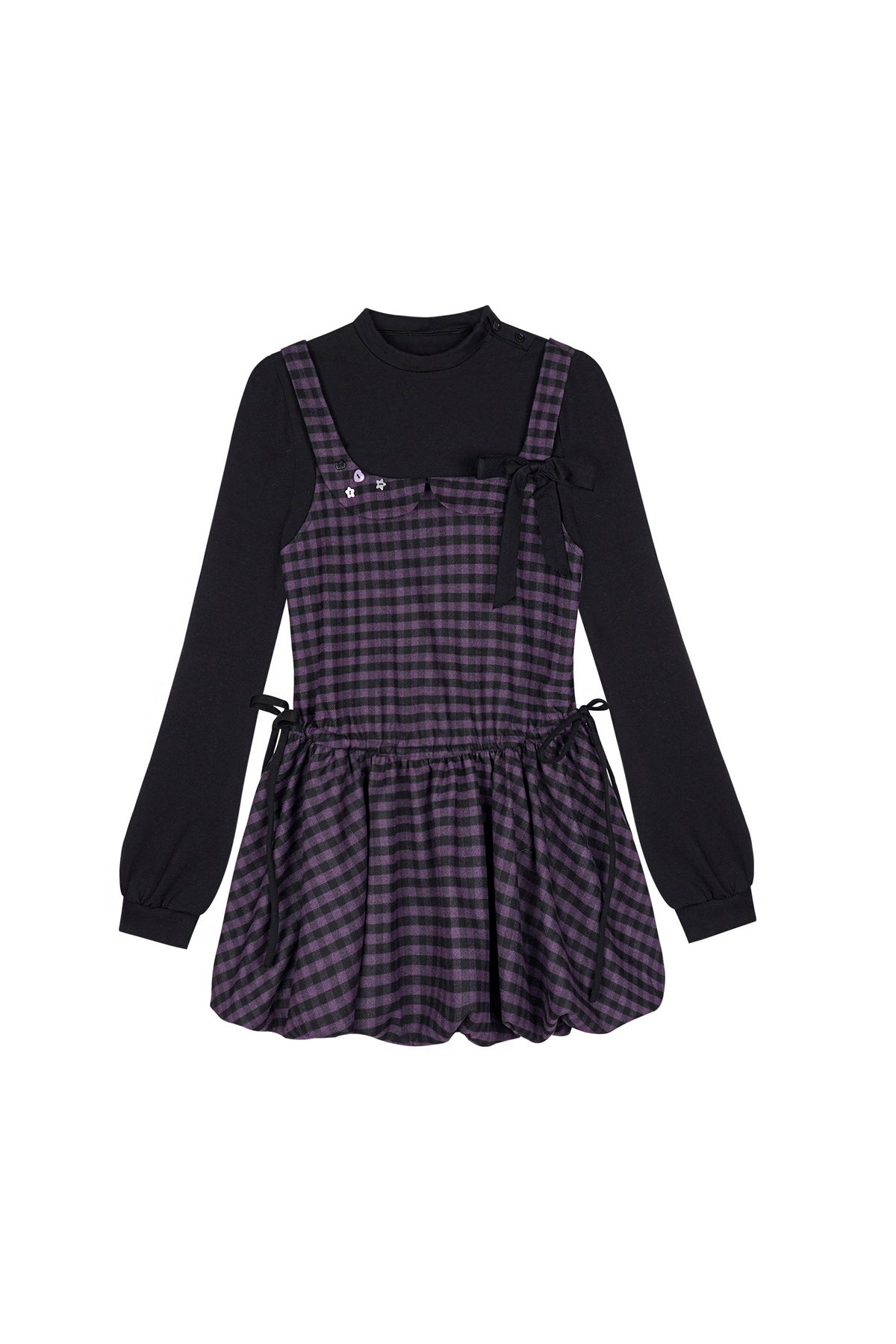 Layered-Look Plaid Long Sleeve Dress