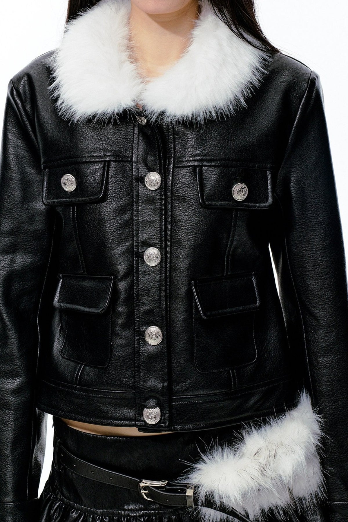 Detachable Fur Collar Leather Jacket and Ruched Leather Skirt Set