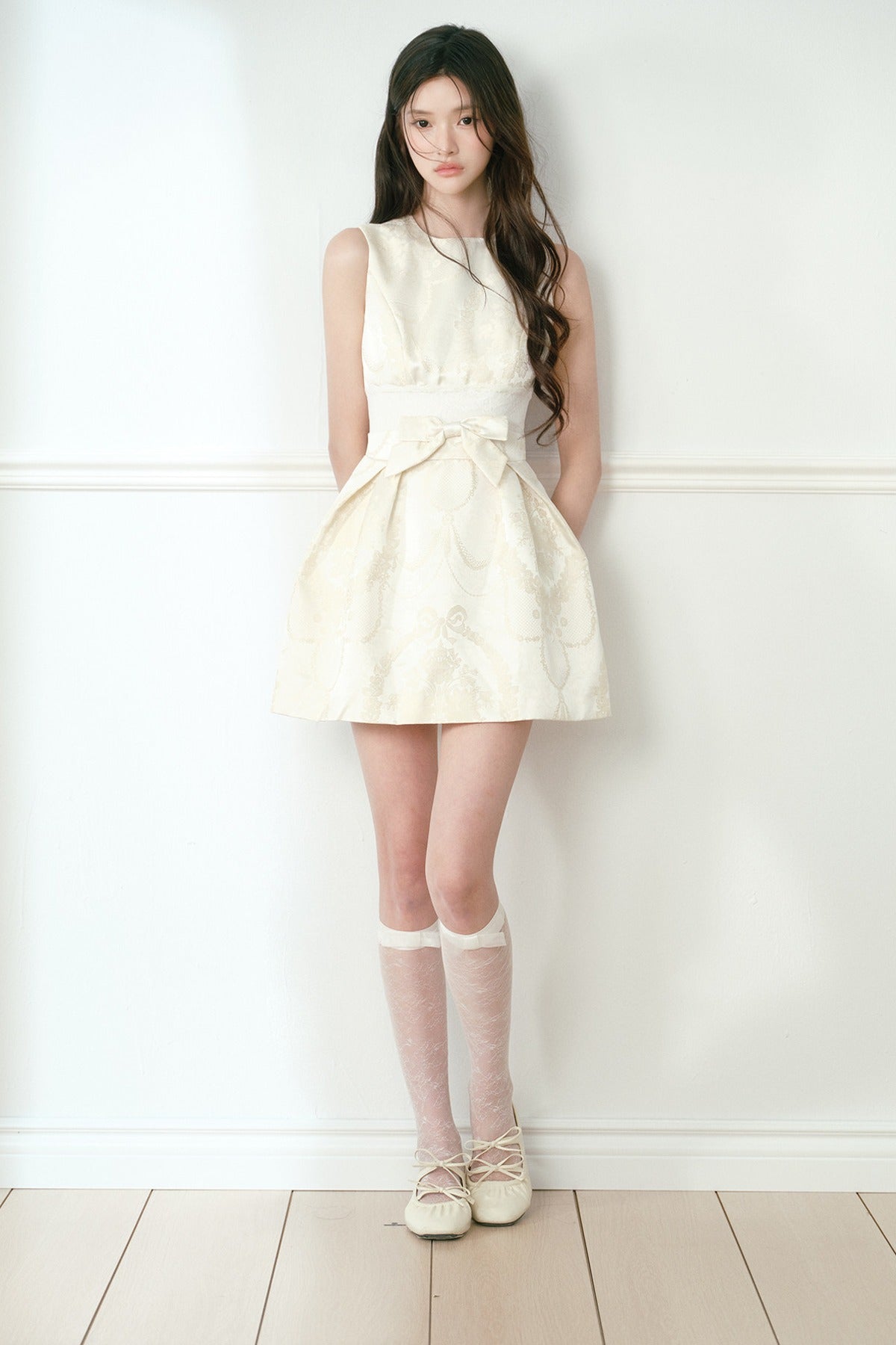 Beige Jacquard Bow Dress