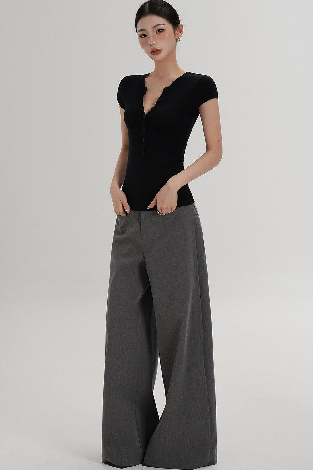 Wool Henley V-Neck Short Sleeve Top