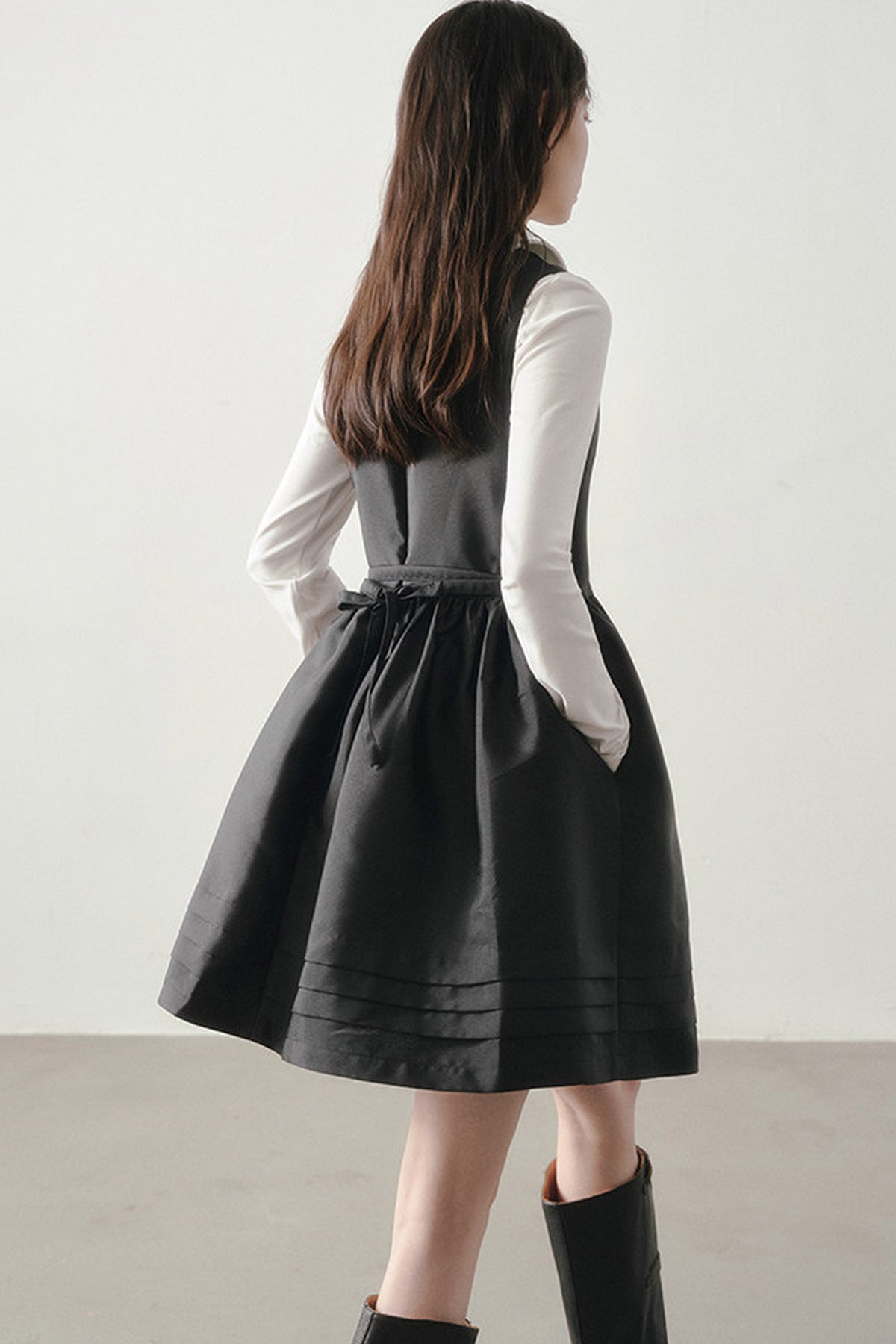 Black Satin Waist-Cinching Dress