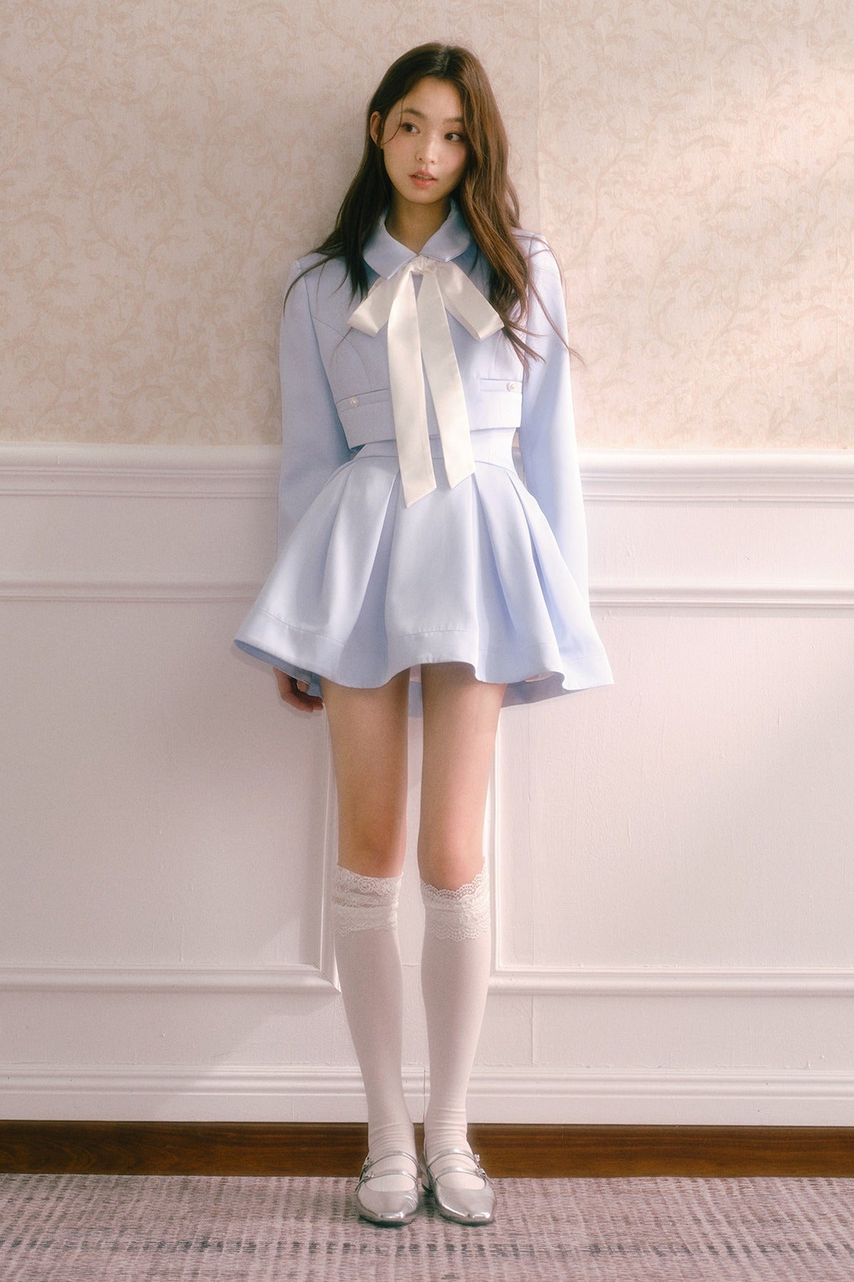 Satin Jacket and High-Waisted Pleated Skirt Set-Up