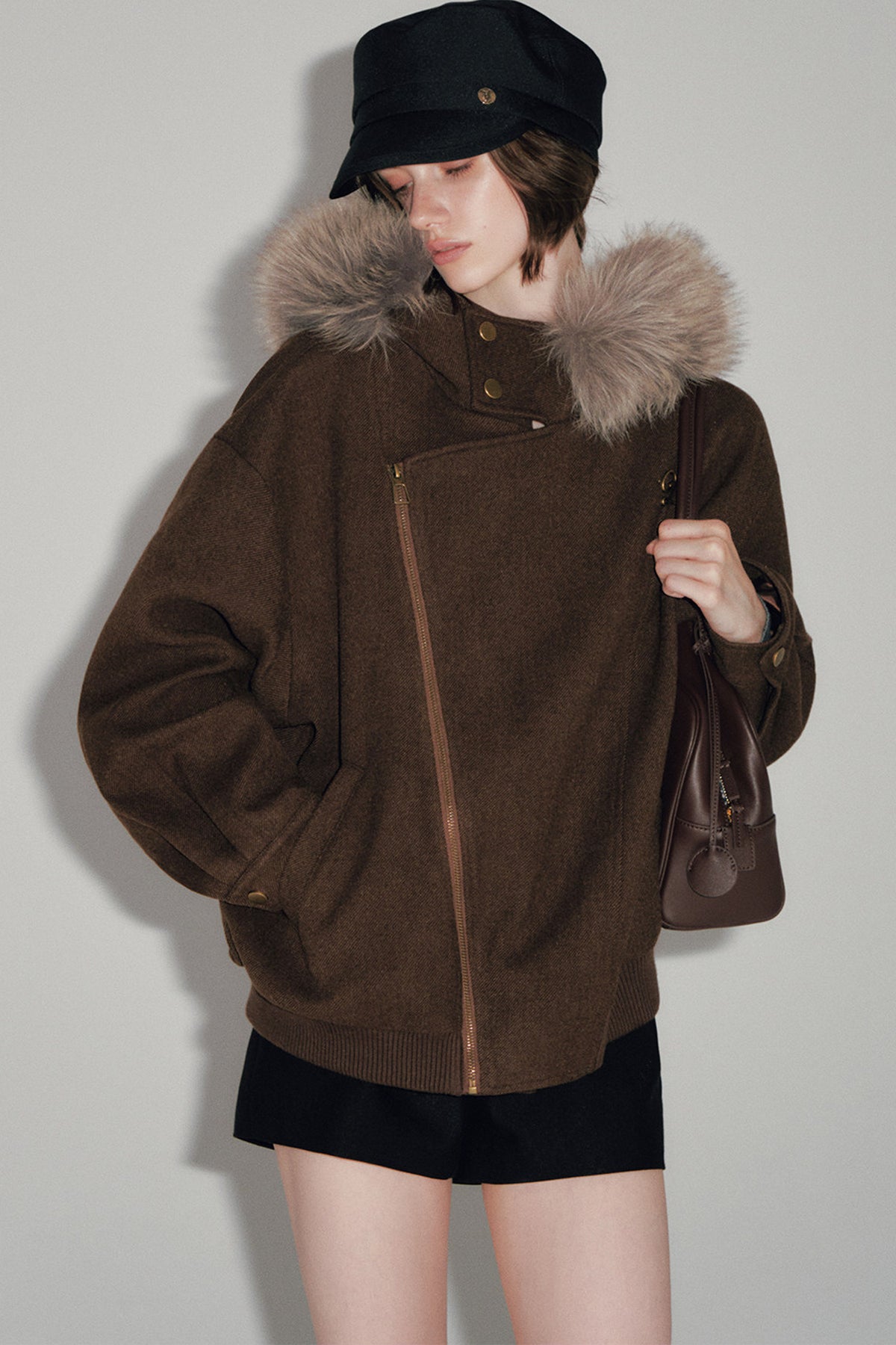 Asymmetrical Zipper Fur Collar Hooded Coat