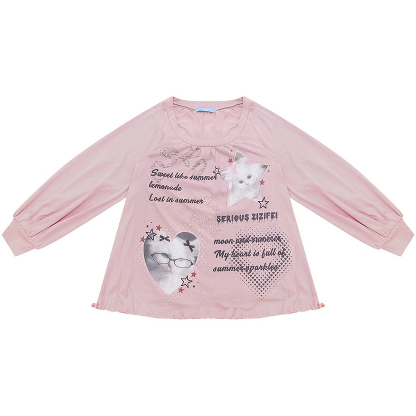 Pink Cat Print Lantern Sleeve Top
