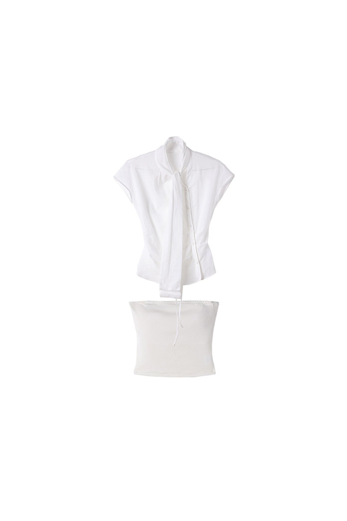 Slightly Sheer Waist-Cinching Cap Sleeve Shirt and Tube Top Set