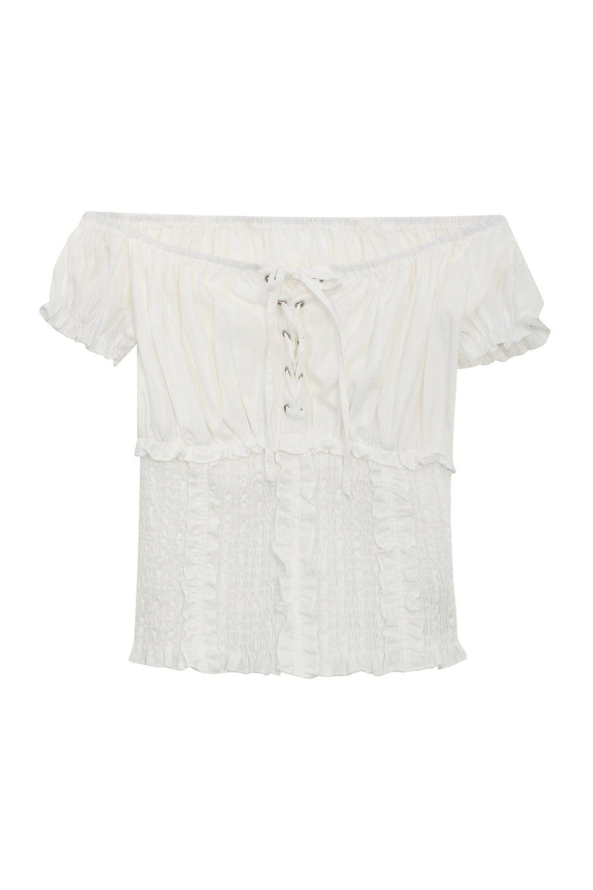 Off-Shoulder Puff Sleeve Lace-Up Top