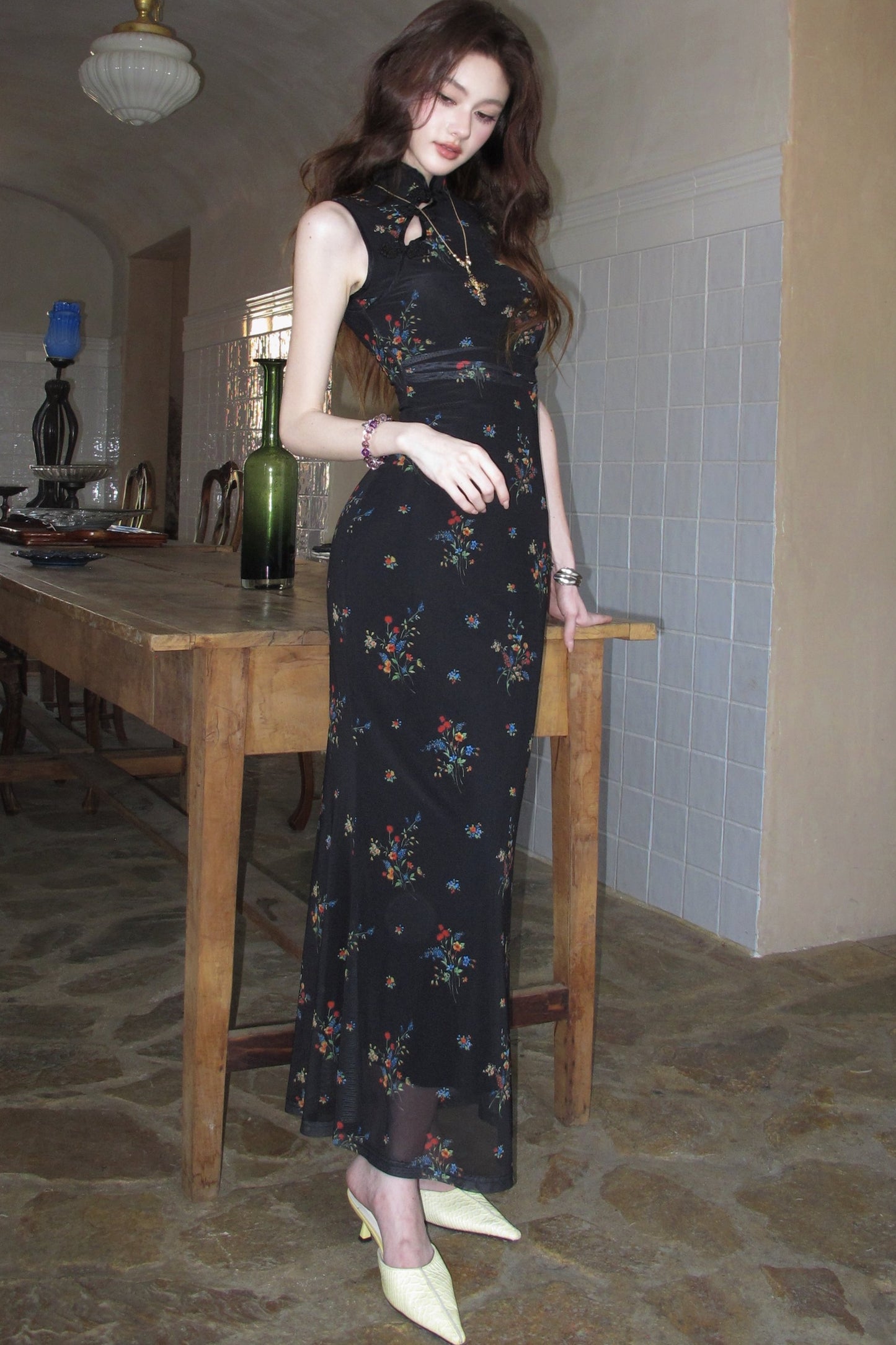 Floral Mesh Cheongsam Long Dress