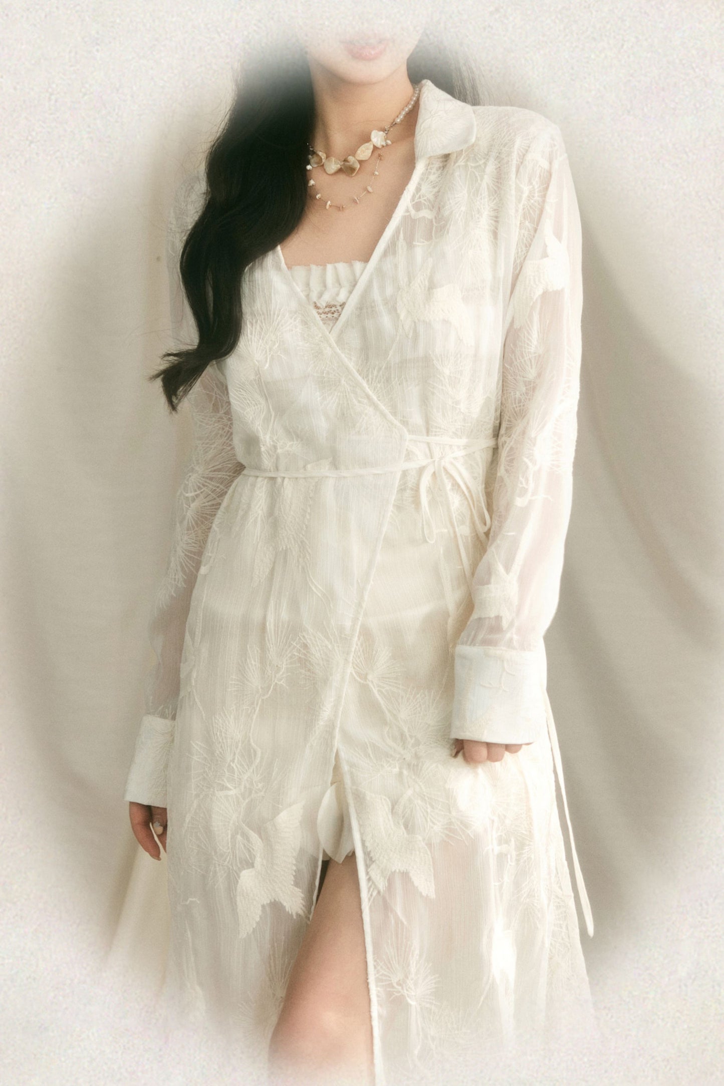 Crane Embroidery Waist-Tie Top