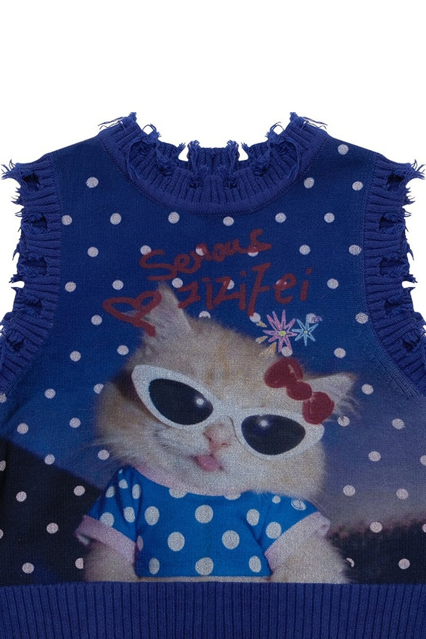 Navy Blue Cat Print Polka Dot Vest