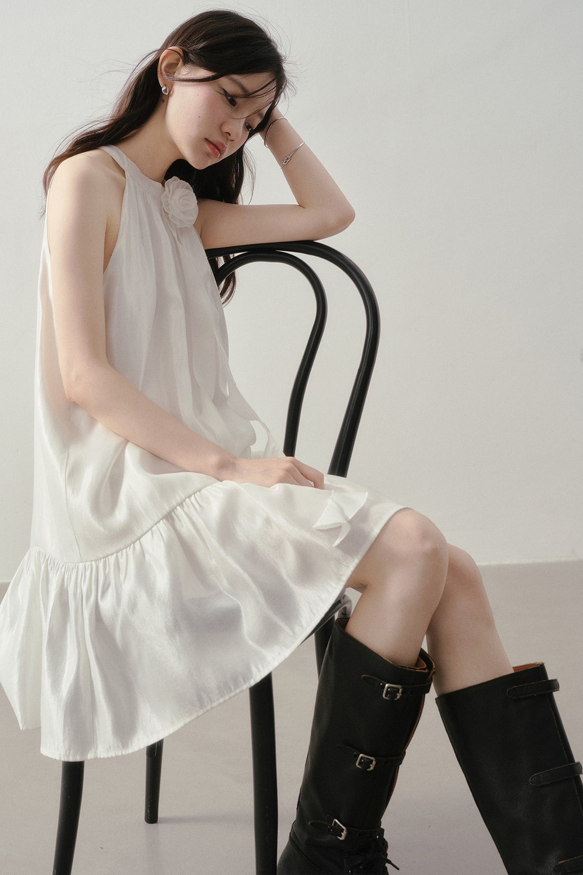 White Rose Halter Neck Ruffle Dress