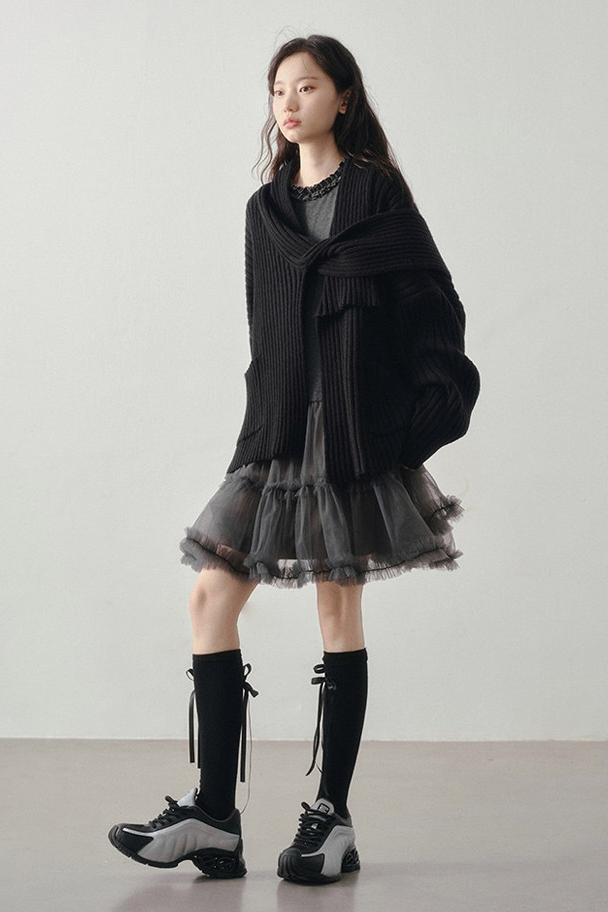Gray Mesh Patchwork Long Sleeve Dress