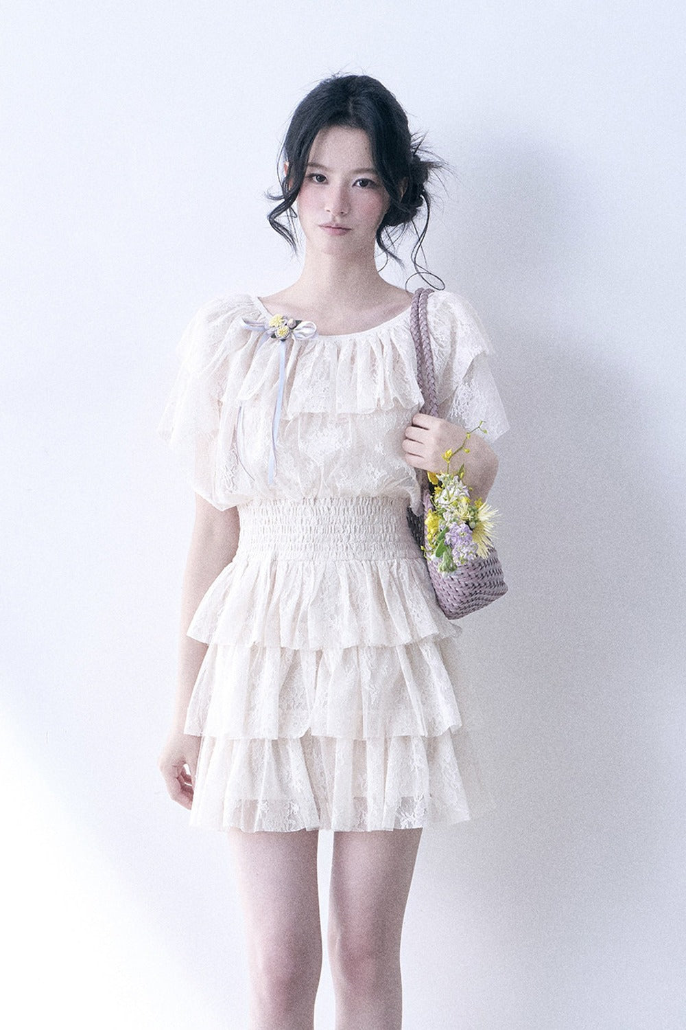 Layered Lace Ruffle Flutter Sleeve Tiered Dress