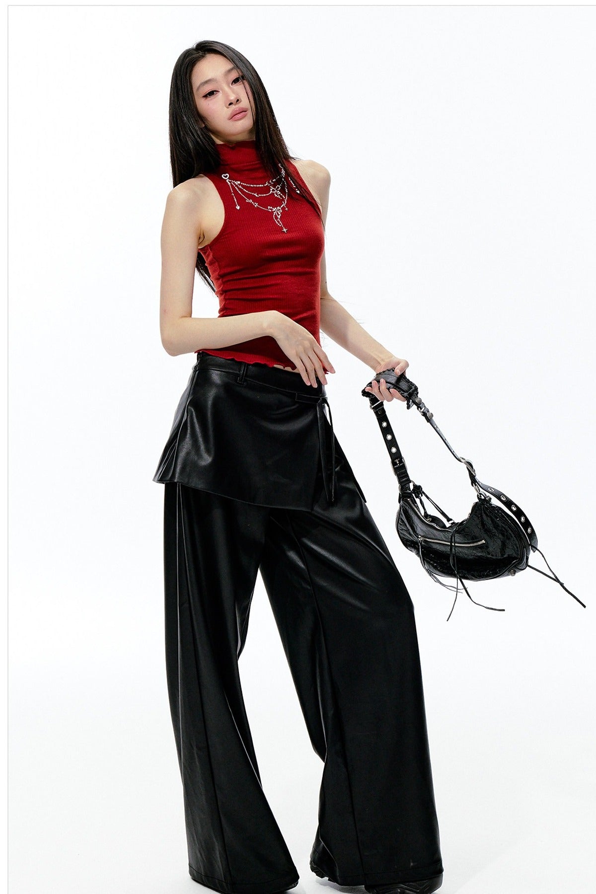 Rhinestone Petal Hem Sleeveless Top and Pants Set-Up