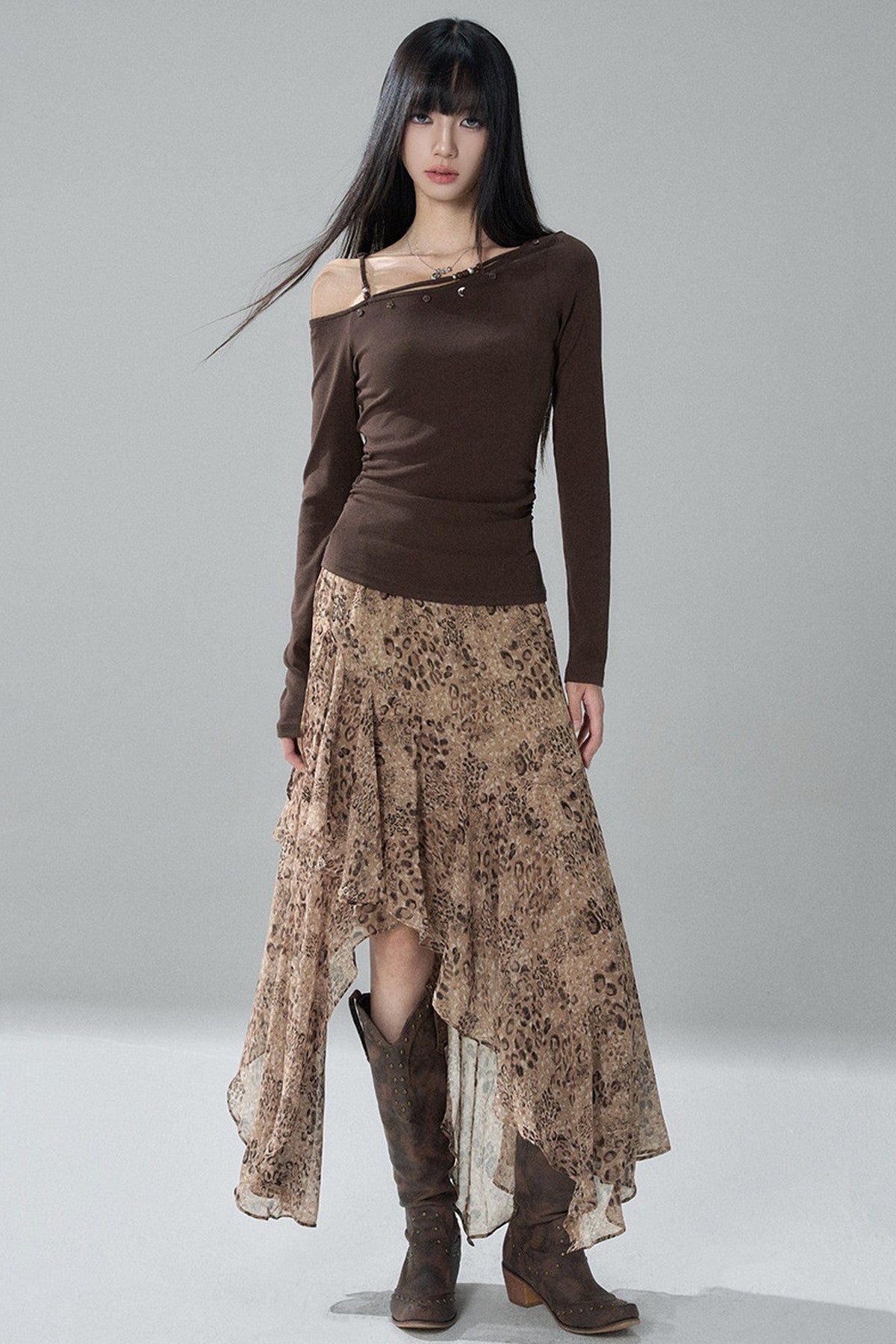 Asymmetrical Leopard Print Chiffon Skirt