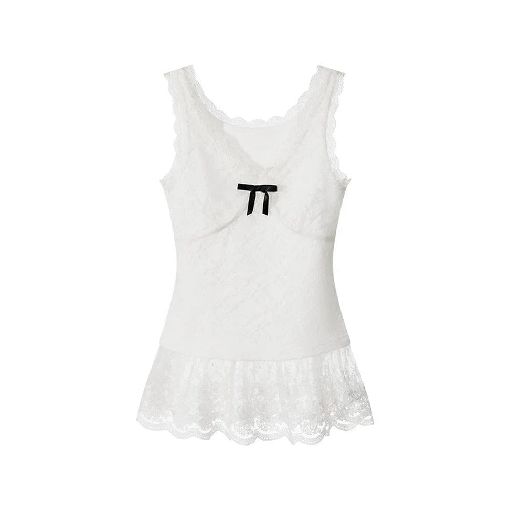 H2AN1 Studio Sleeveless Ruffle Patchwork Camisole with Lace Hem