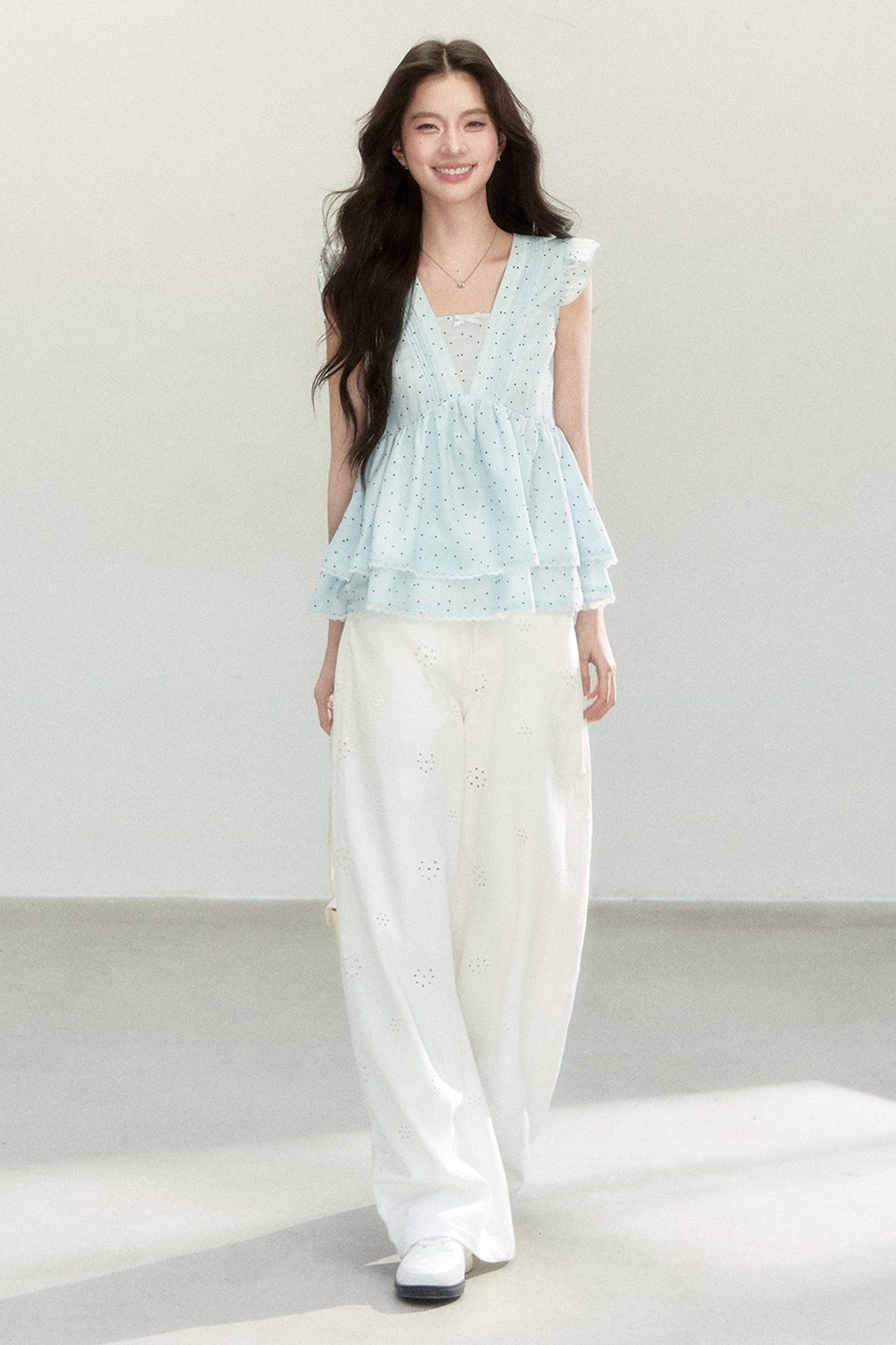 Blue Polka Dot Flutter Sleeve Blouse