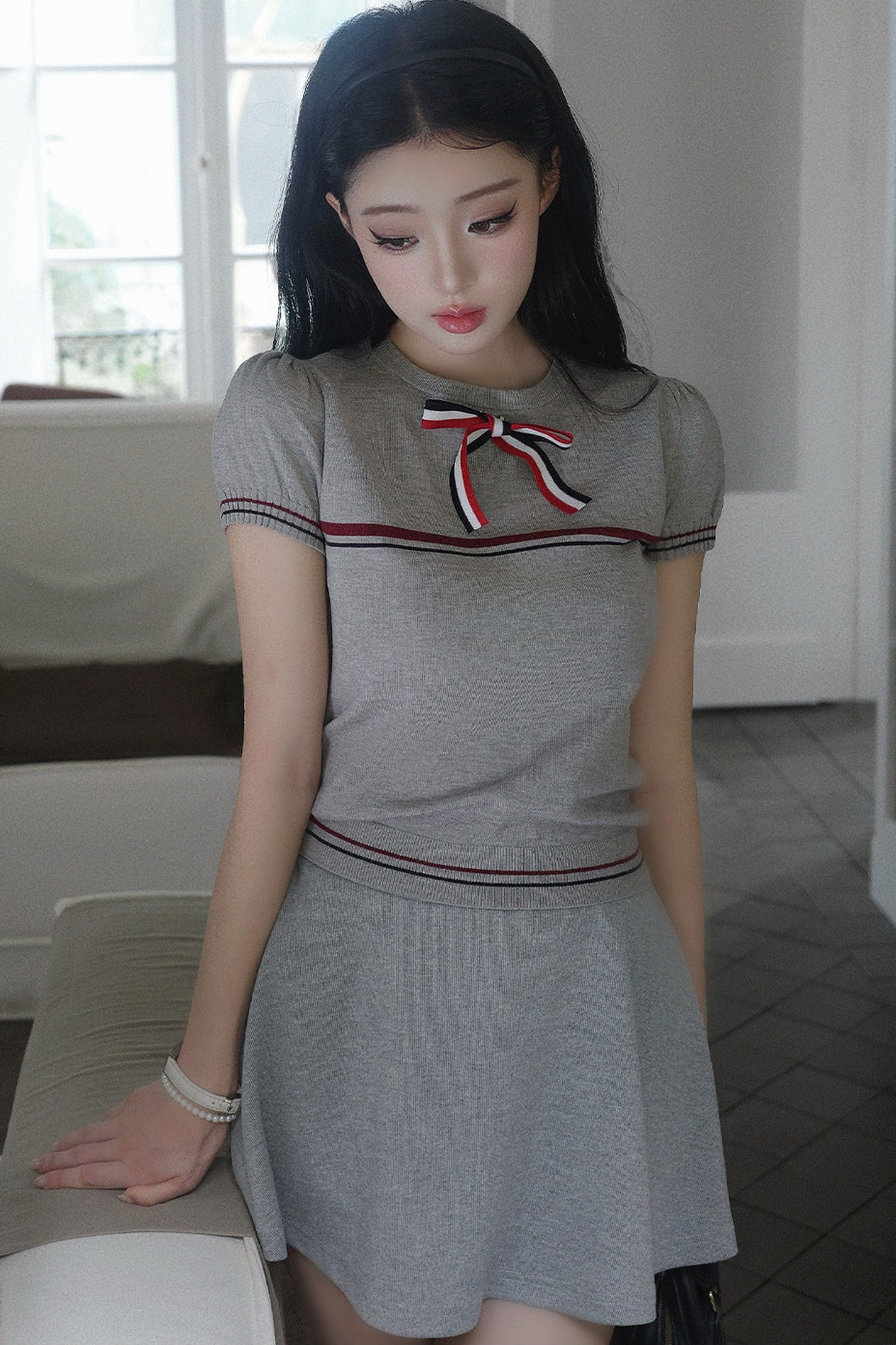Gray Bow-Knit Top and Skirt Set-Up