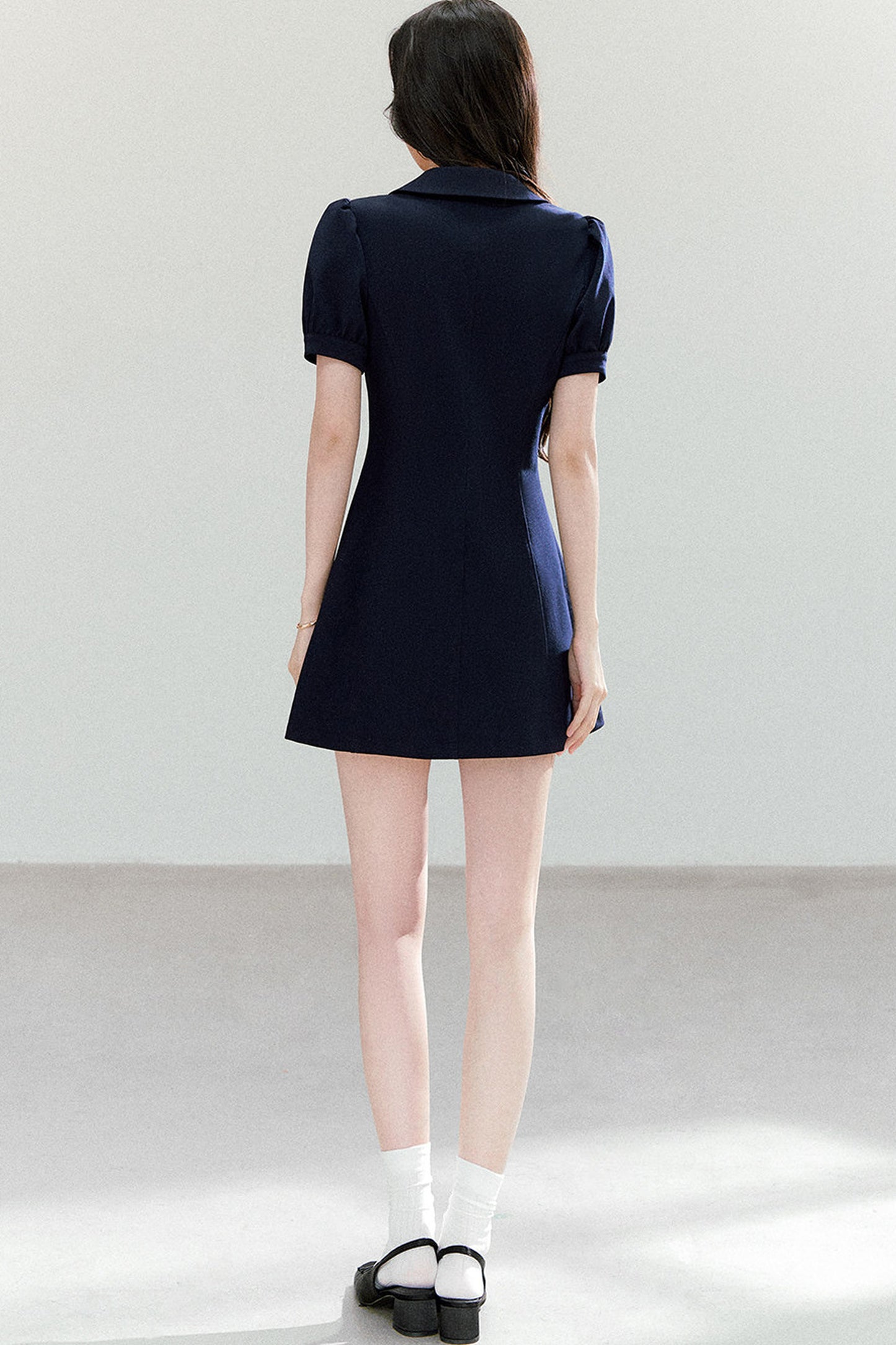 Navy Blue Puff Sleeve Collar Dress
