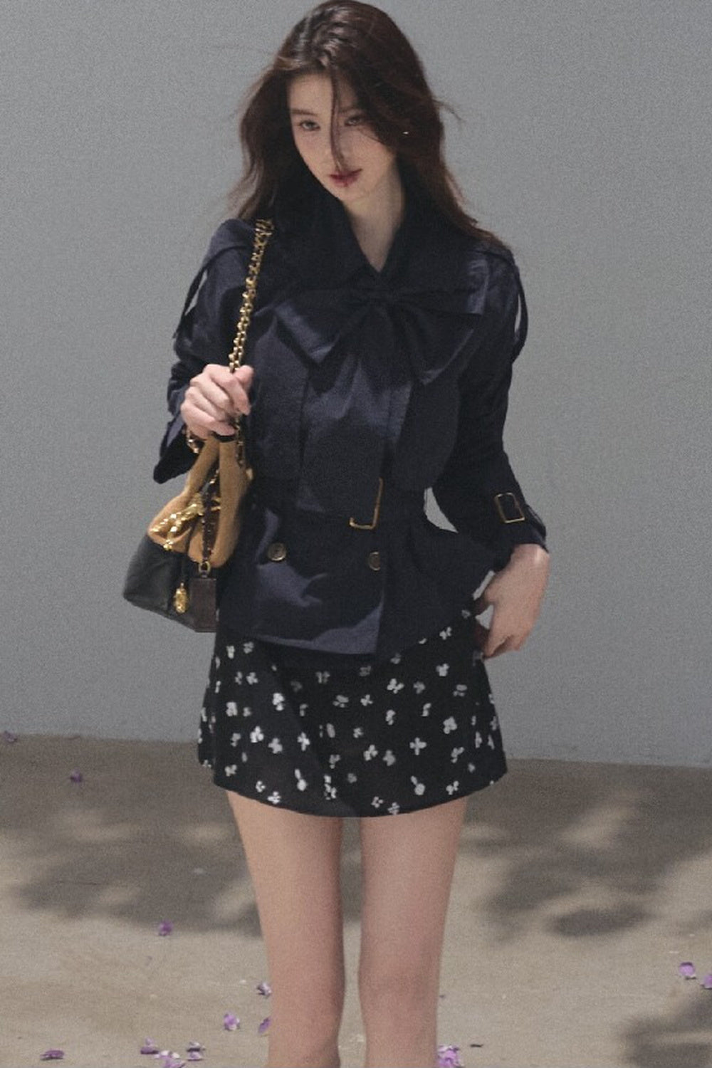 Serenity Blue Bow Tie Hunting Trench Coat And Skirt Set-Up