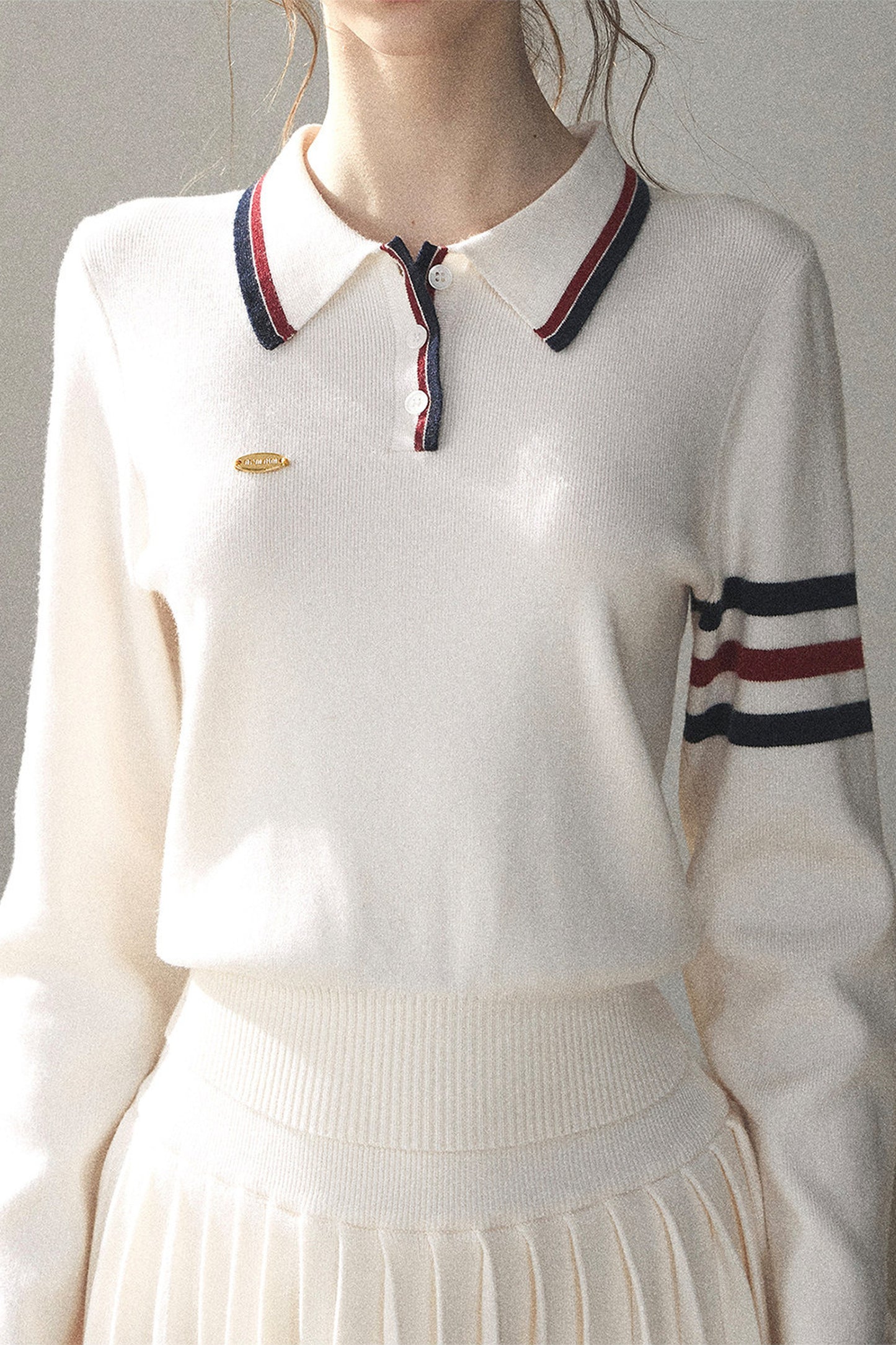 Knit Polo Top And Pleated Skirt Set-Up