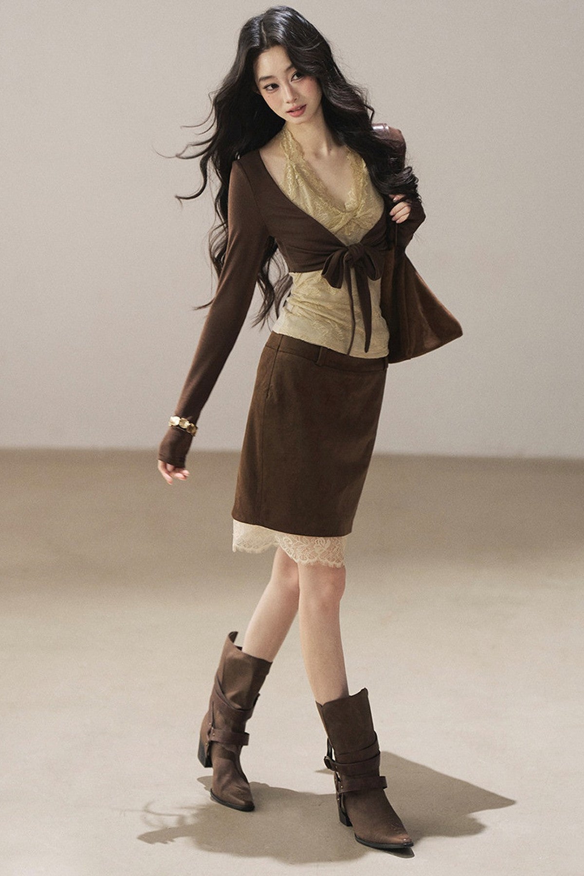 Brown Lace Hem Pencil Skirt