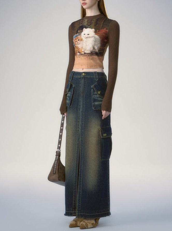 Babes Big Pocket Slit Wash Denim Rock