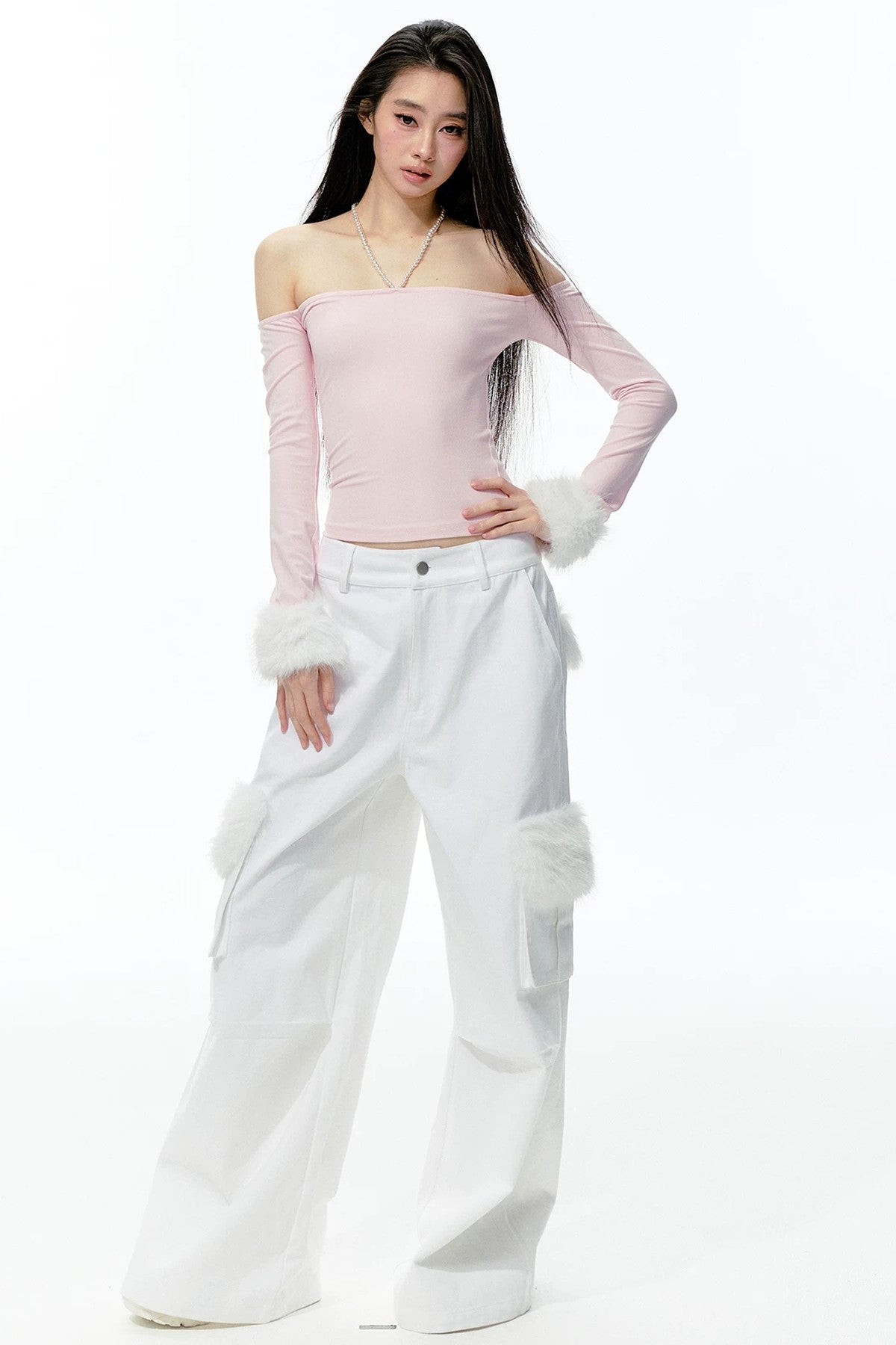 Pearl Halter Detachable Fur Knit Top