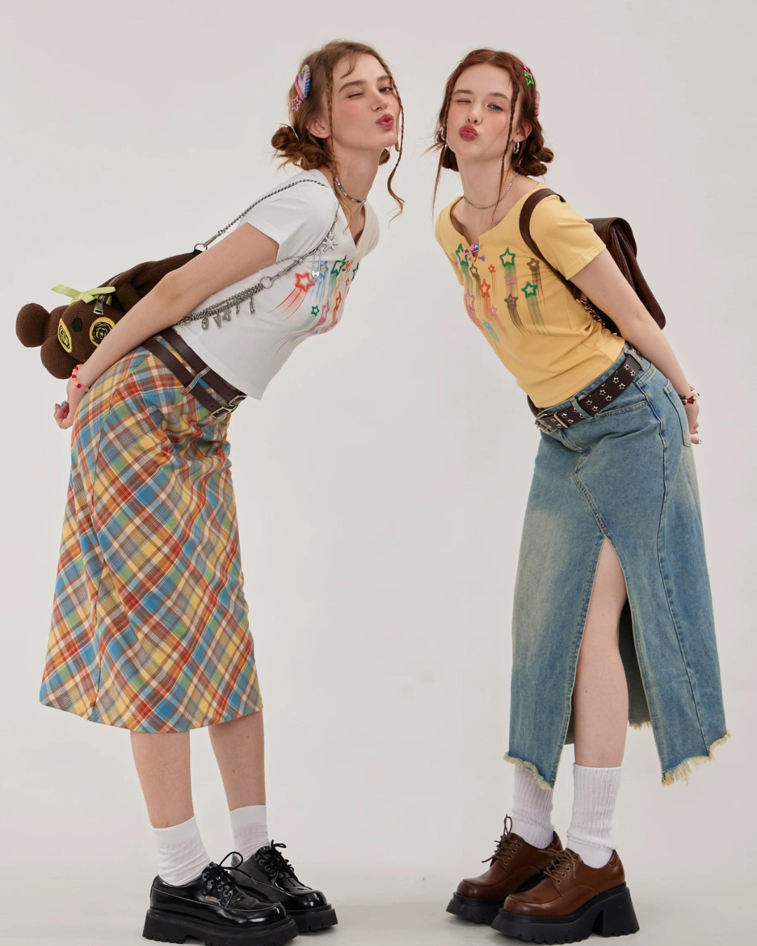 레트로 컬러 격자 무늬 치마