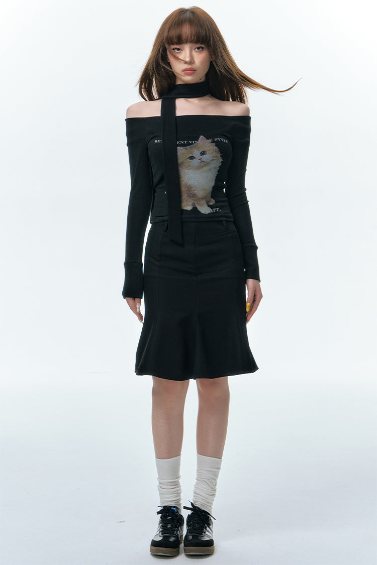 Netter Katzendruck One-Shoulder Slim Longeeed T-Shirt