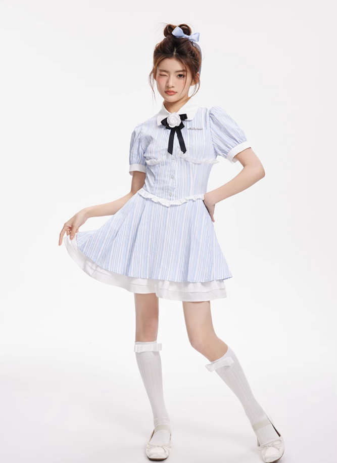 White Rose Motif Stripe Ruffle Dress