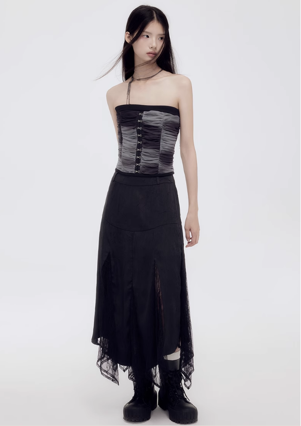 패치 워크 셔링 튜브 탑