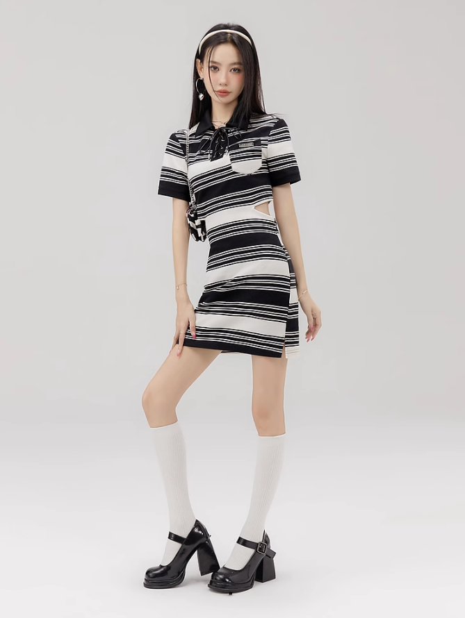 Waist Cut Striped Shirt Dress