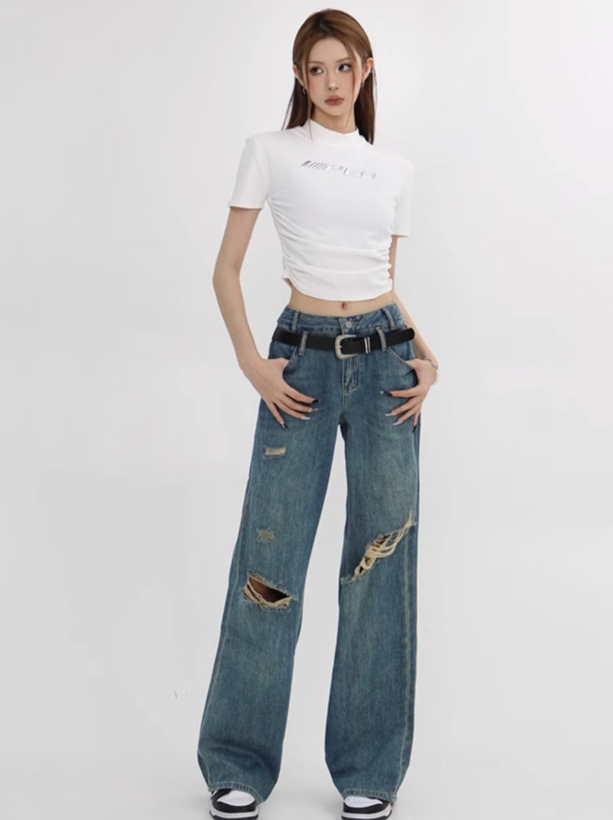 Retro Crushed Denim Pants